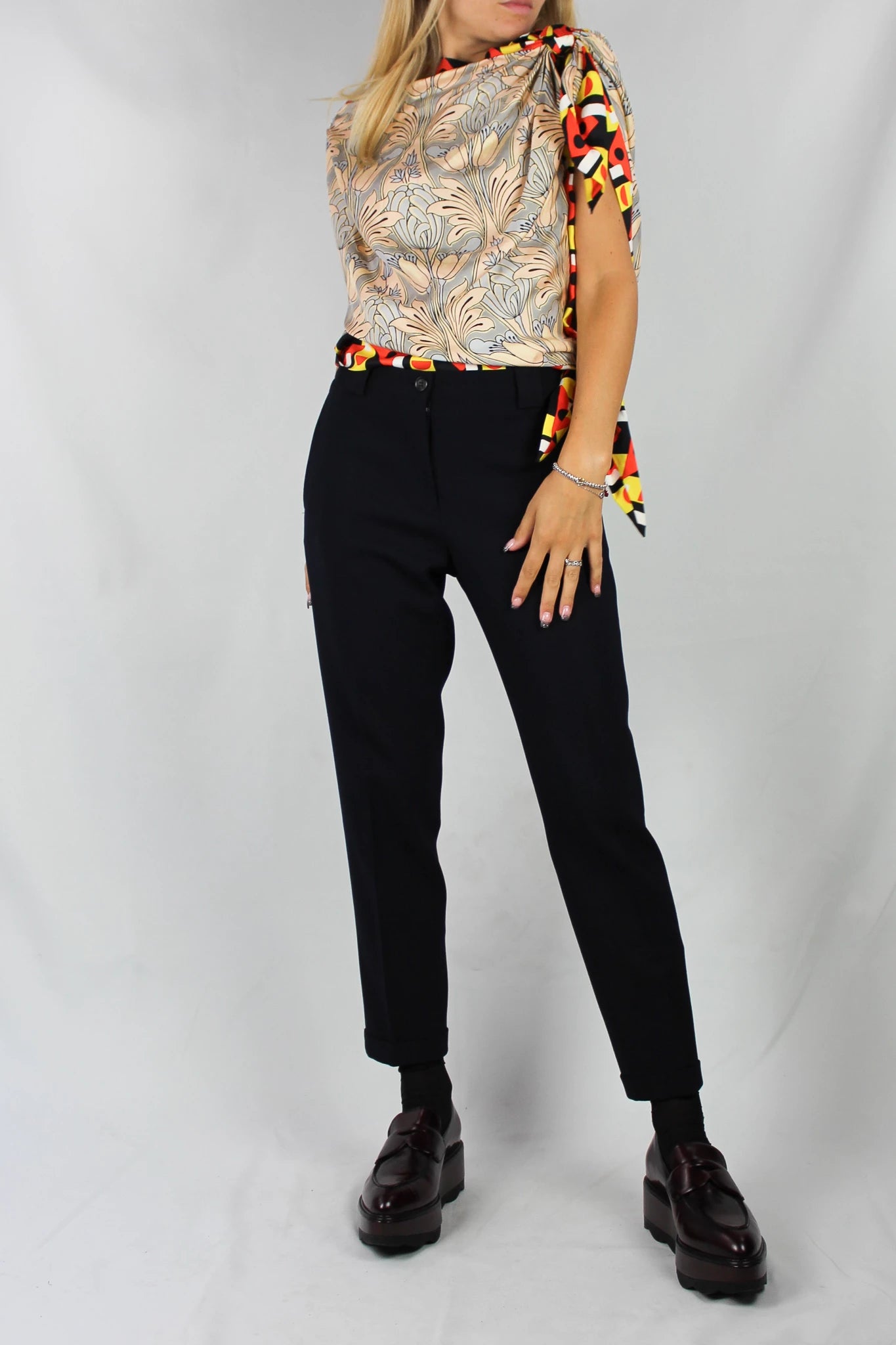 Draped Floral Silk Foulard Top with Contrasting Hems