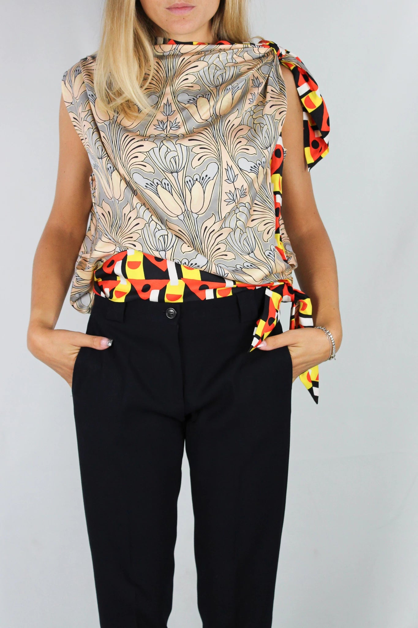 Draped Floral Silk Foulard Top with Contrasting Hems