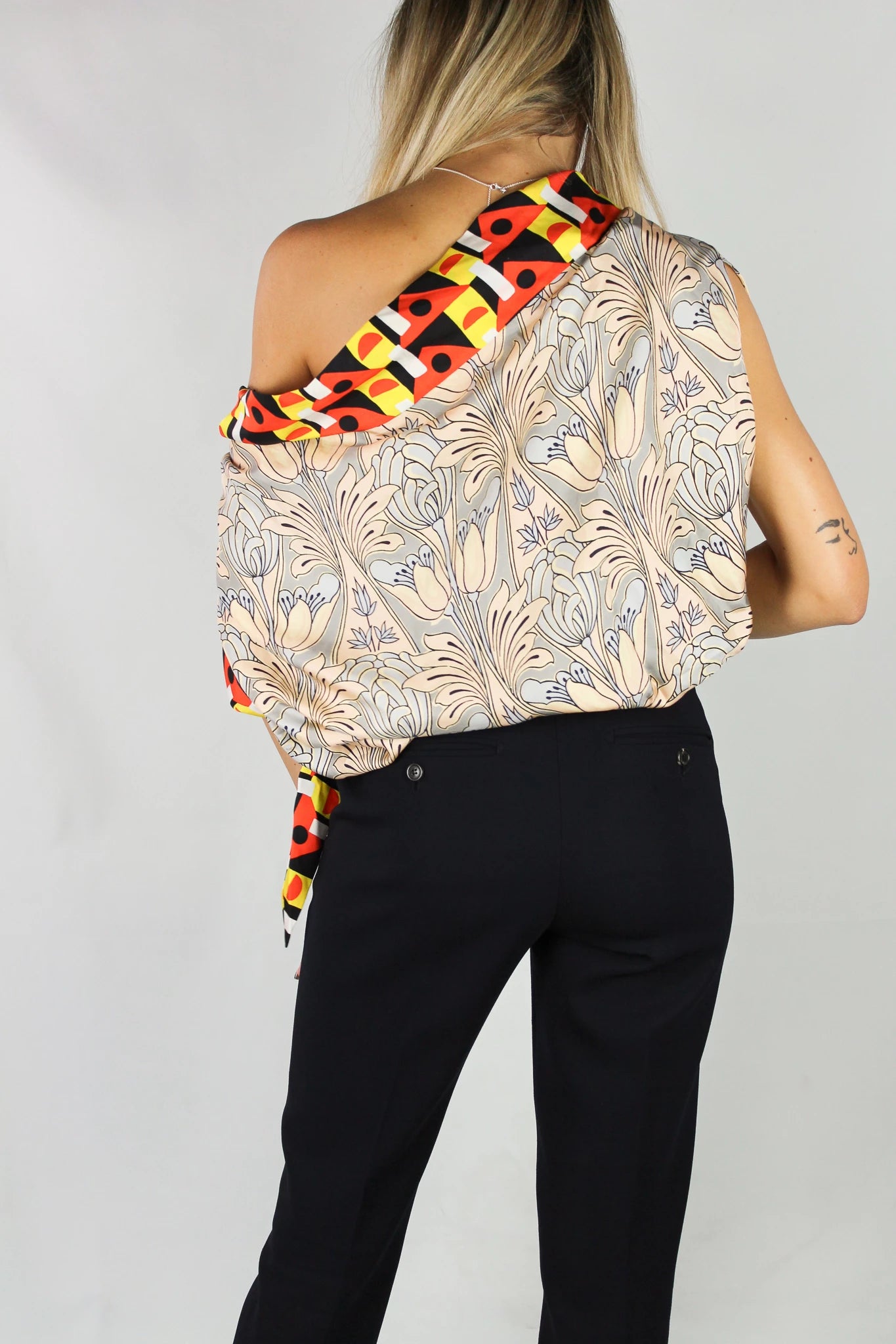 Draped Floral Silk Foulard Top with Contrasting Hems