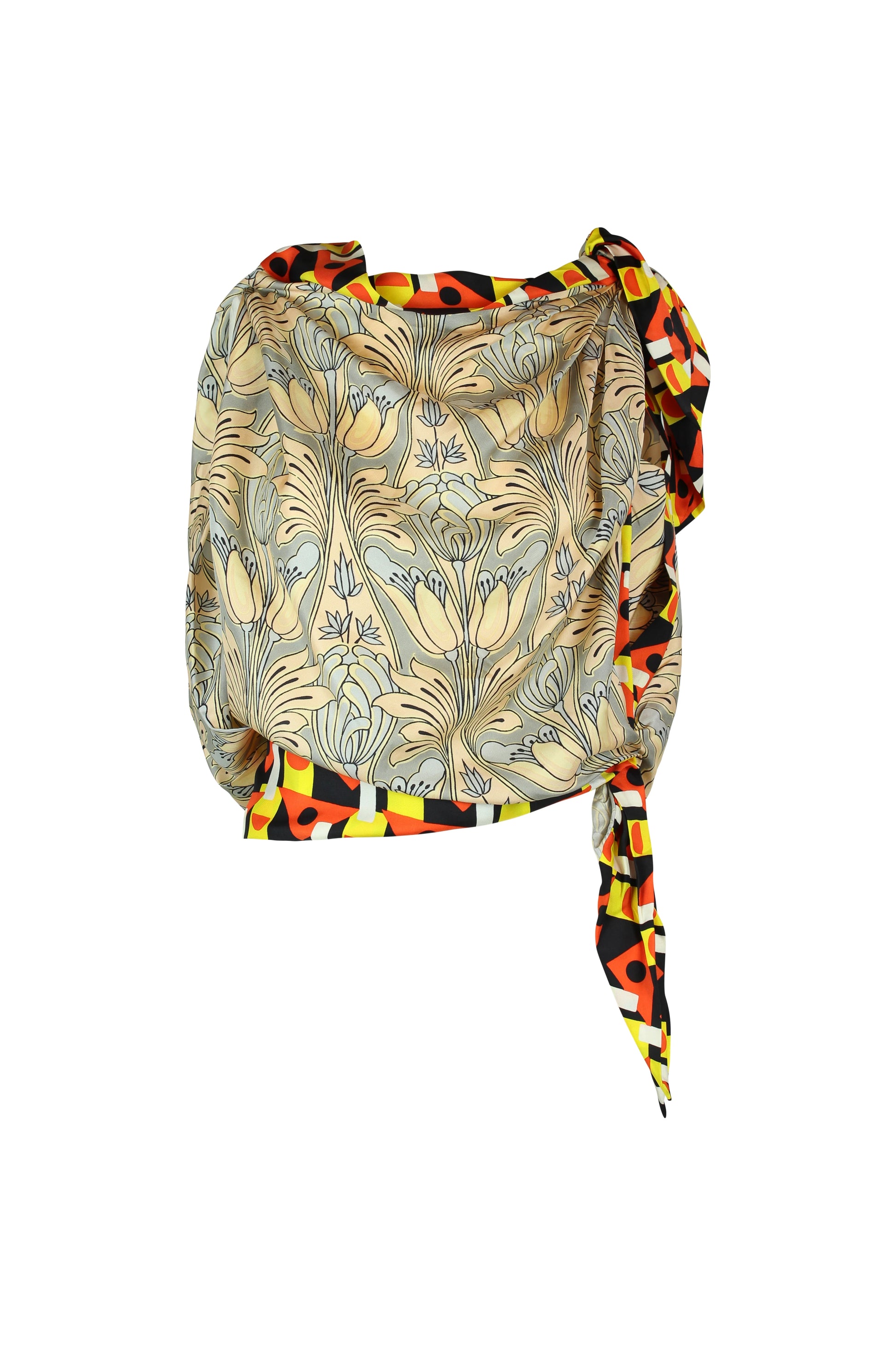 Draped Floral Silk Foulard Top with Contrasting Hems