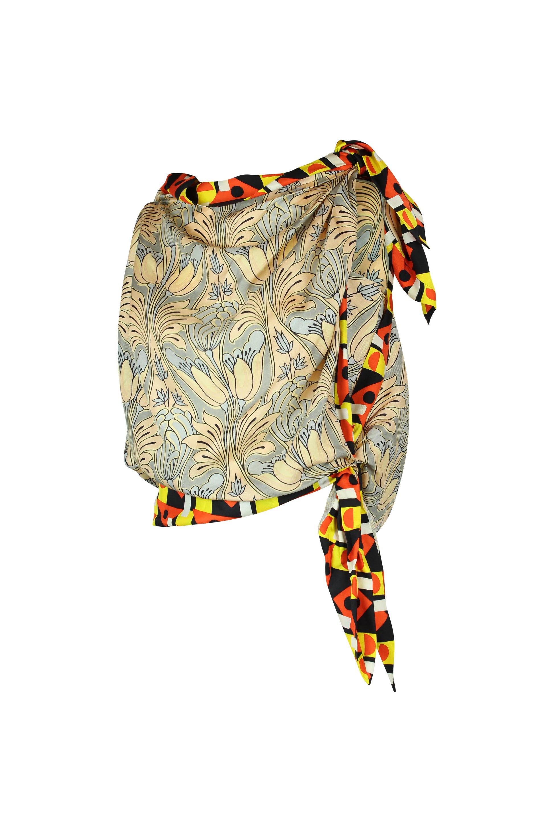 Draped Floral Silk Foulard Top with Contrasting Hems