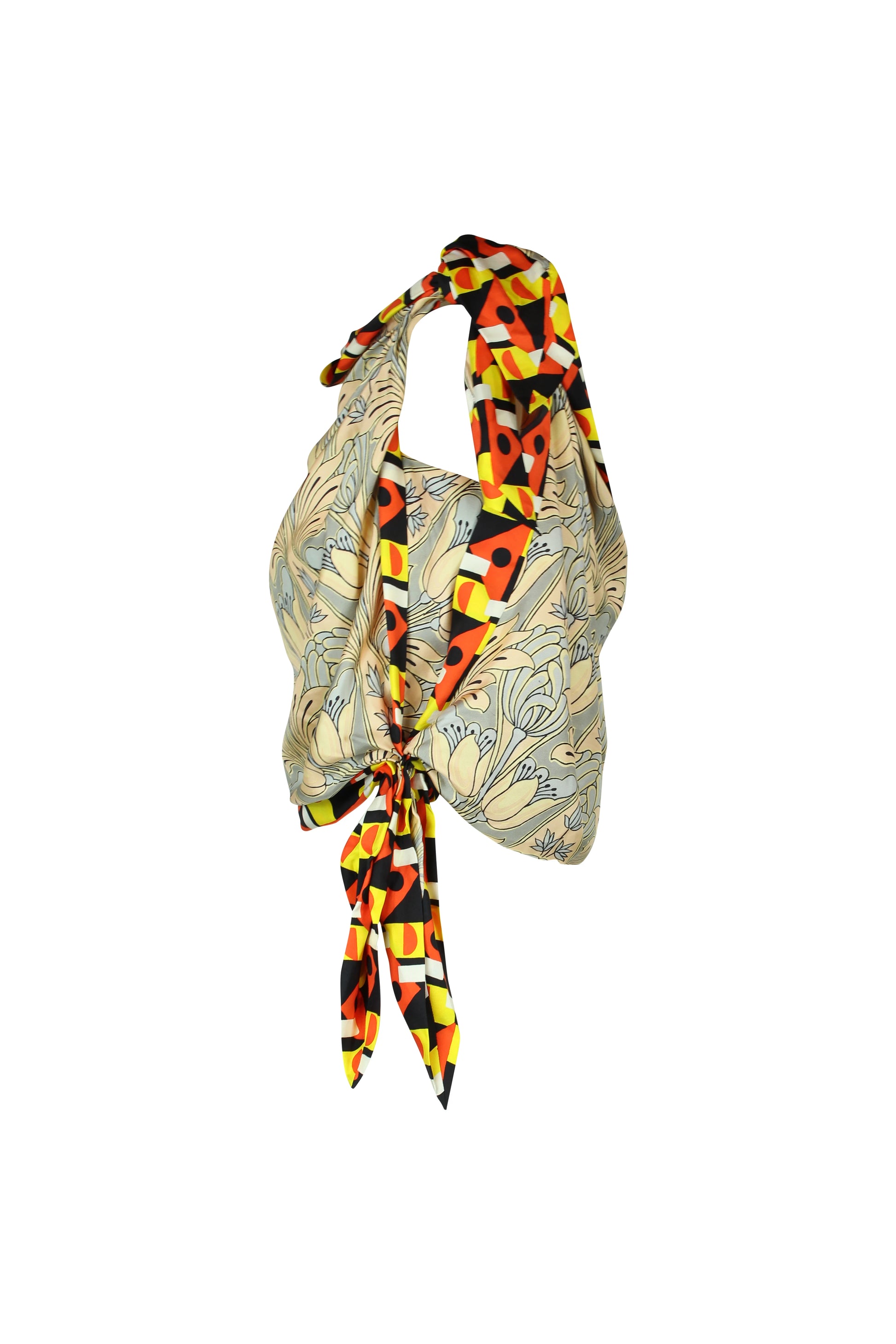 Draped Floral Silk Foulard Top with Contrasting Hems