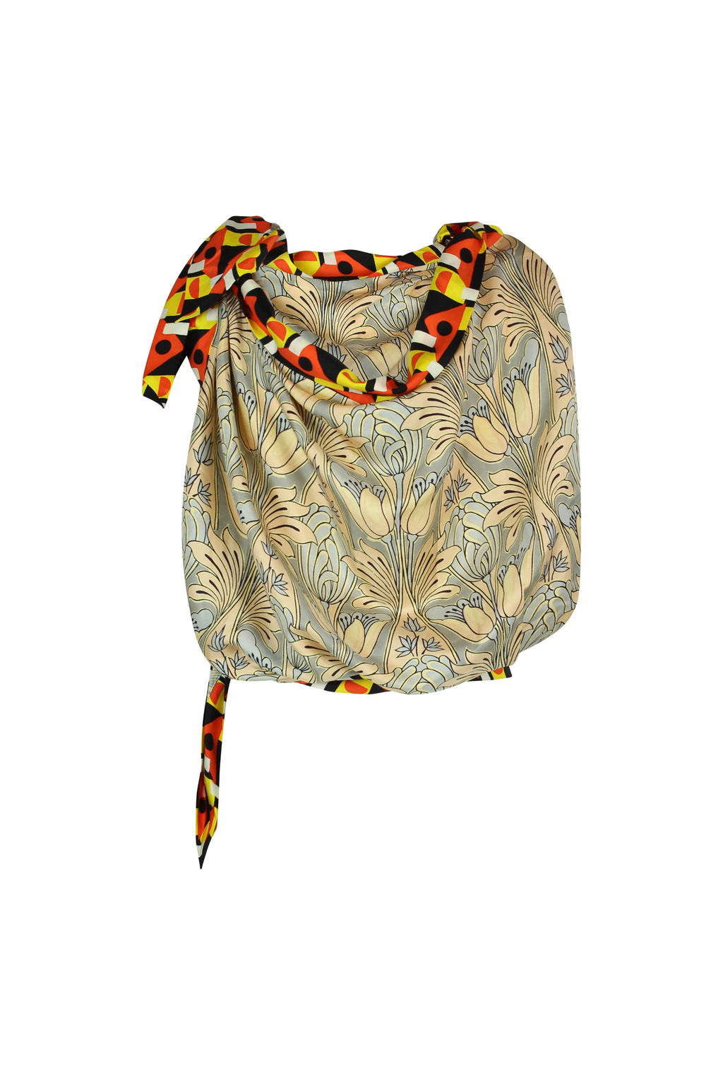 Draped Floral Silk Foulard Top with Contrasting Hems