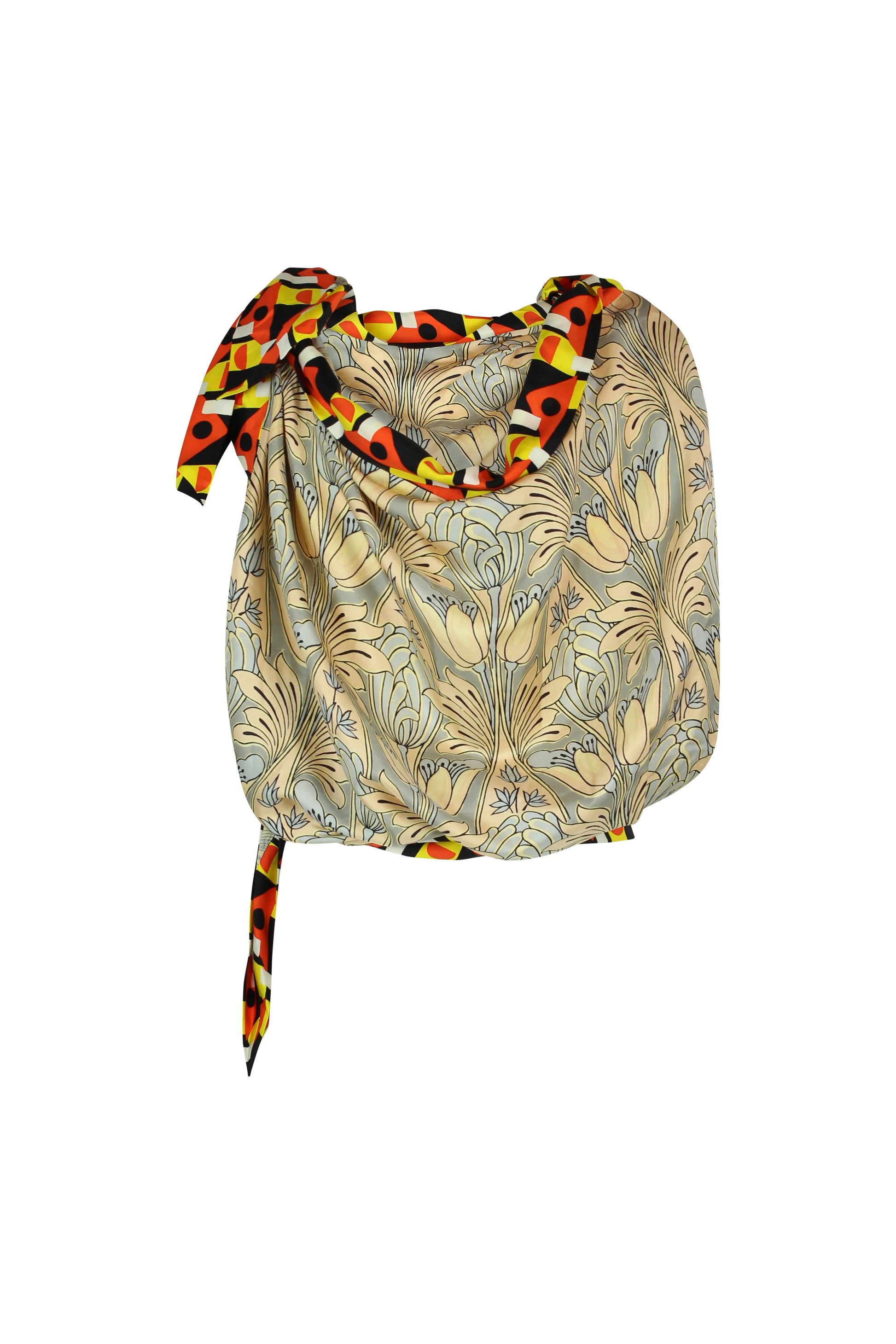 Draped Floral Silk Foulard Top with Contrasting Hems
