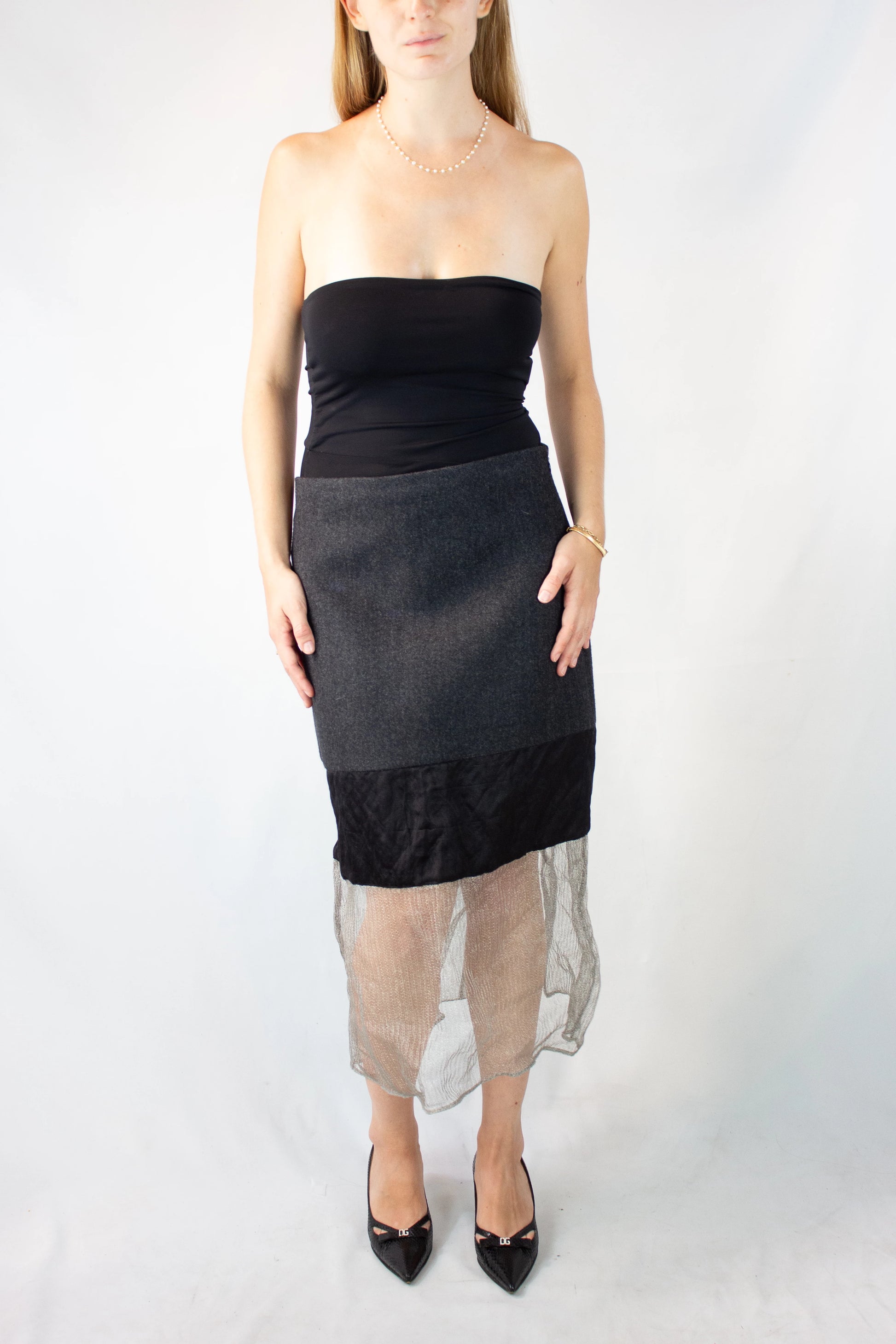 Pencil Skirt with Silk and Metallic Mesh Details FW2022