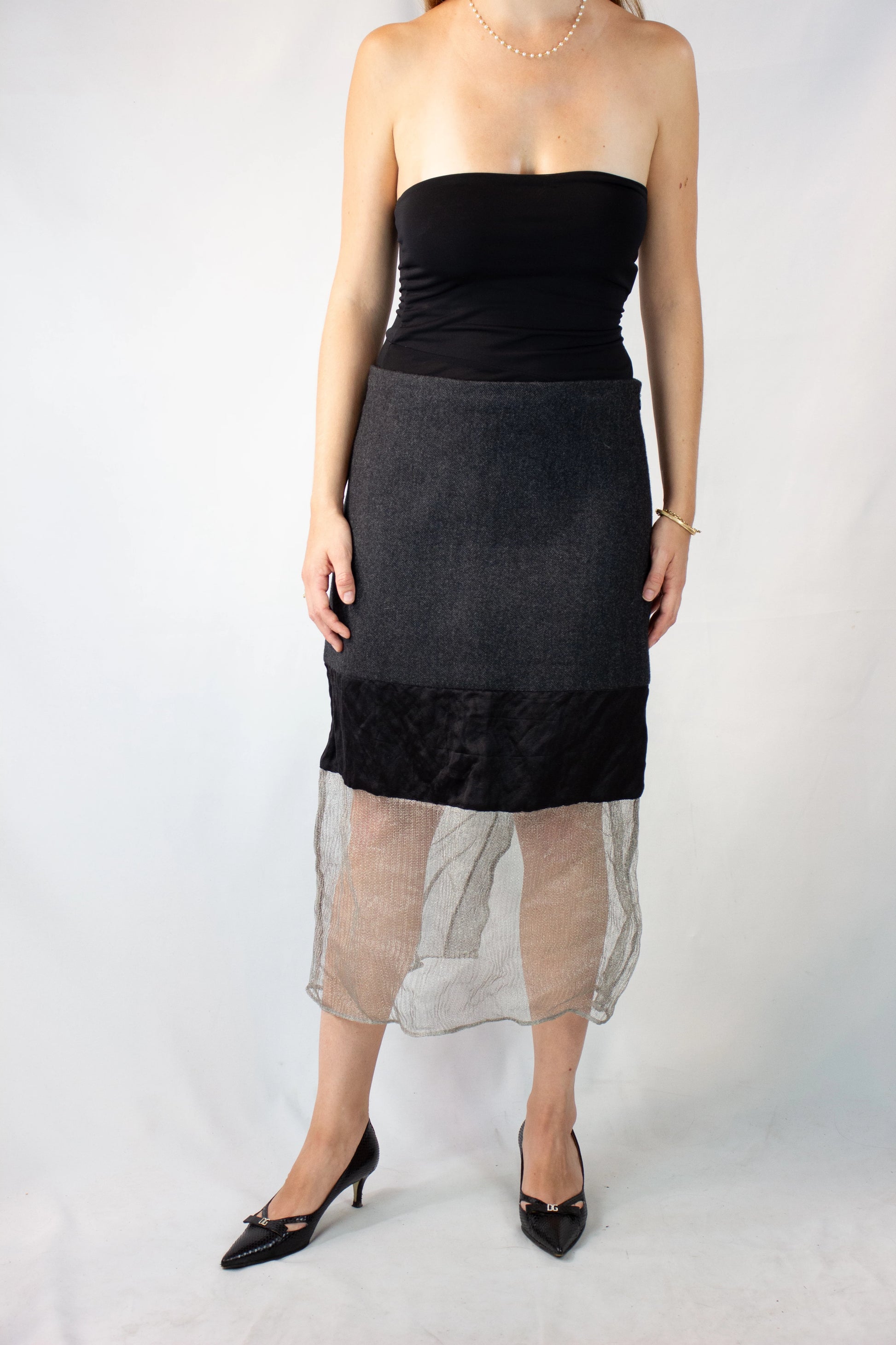 Pencil Skirt with Silk and Metallic Mesh Details FW2022