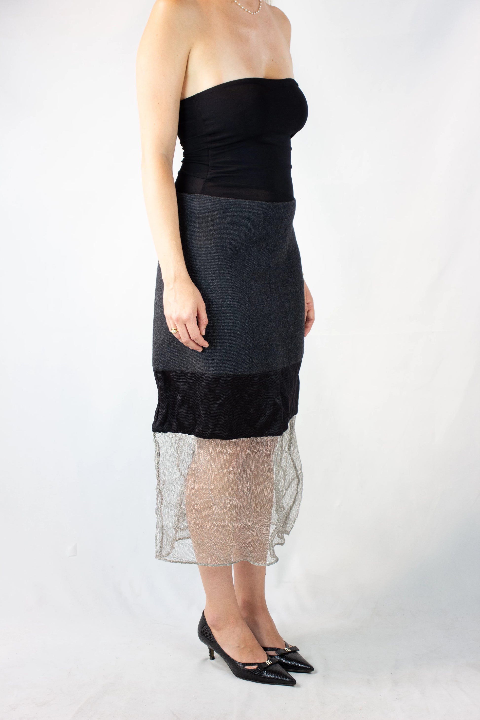 Pencil Skirt with Silk and Metallic Mesh Details FW2022