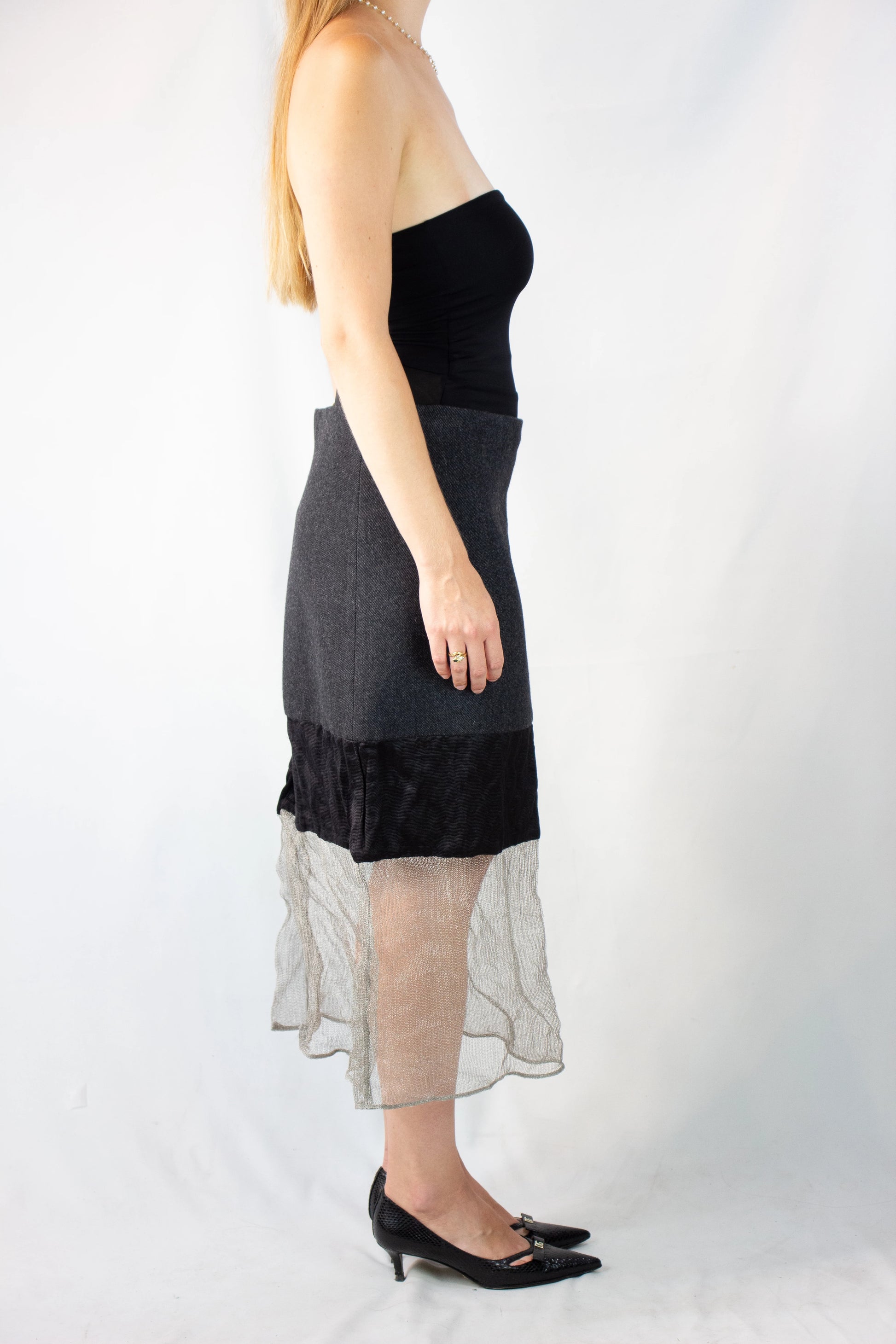 Pencil Skirt with Silk and Metallic Mesh Details FW2022
