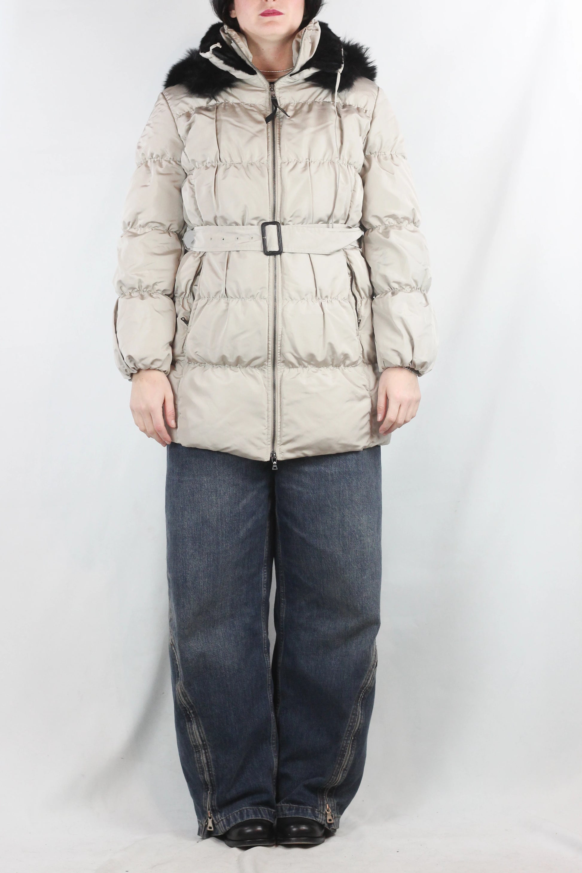 Beige Puffer Jacket with Black Fur Hood