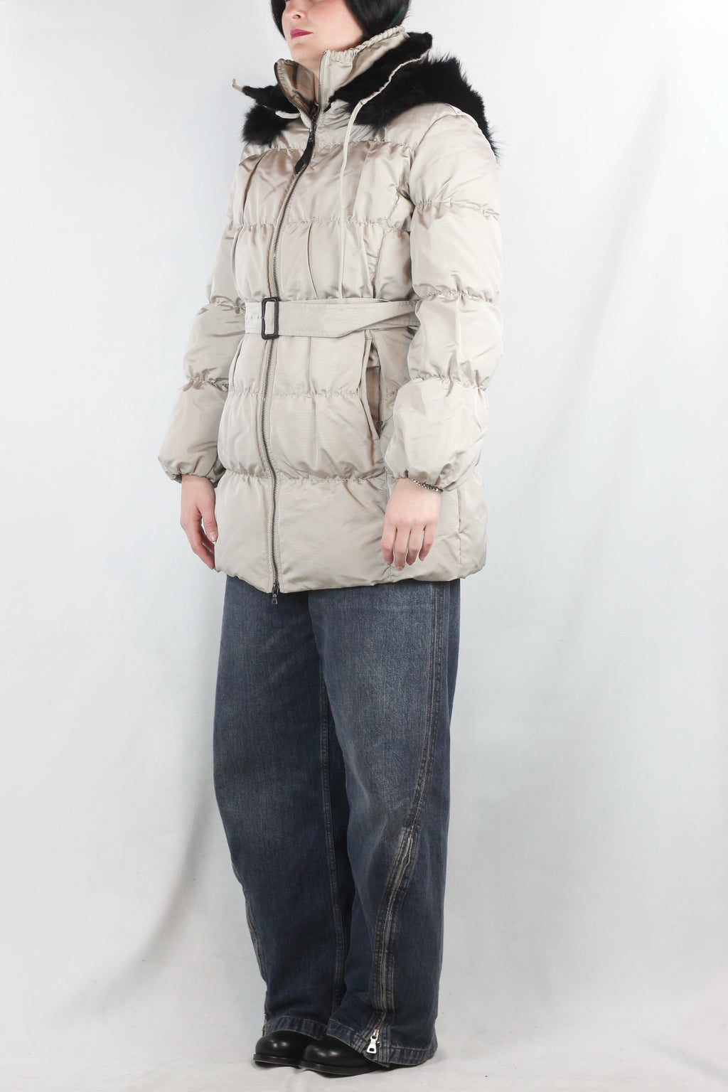 Beige Puffer Jacket with Black Fur Hood