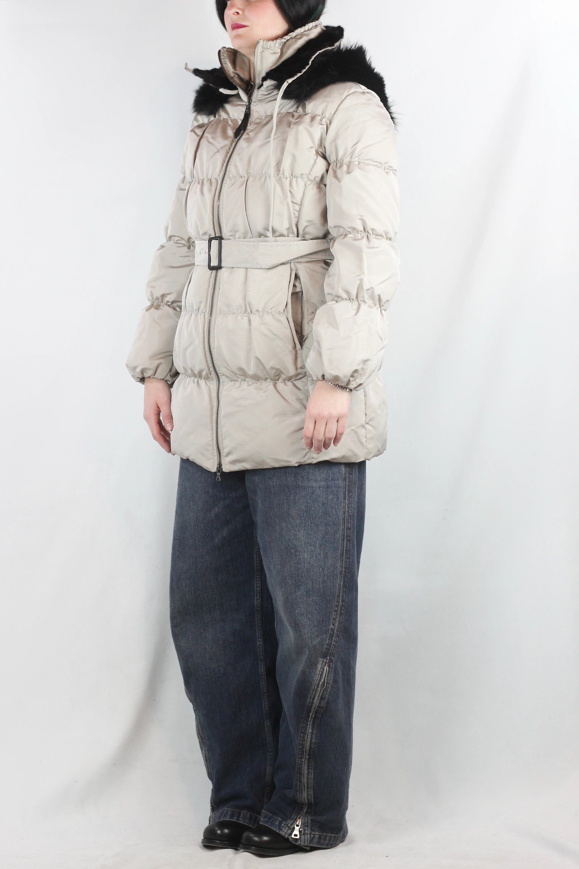 Beige Puffer Jacket with Black Fur Hood