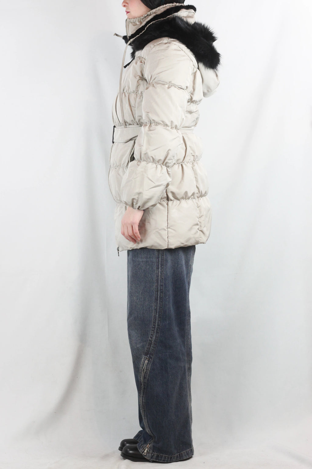 Beige Puffer Jacket with Black Fur Hood