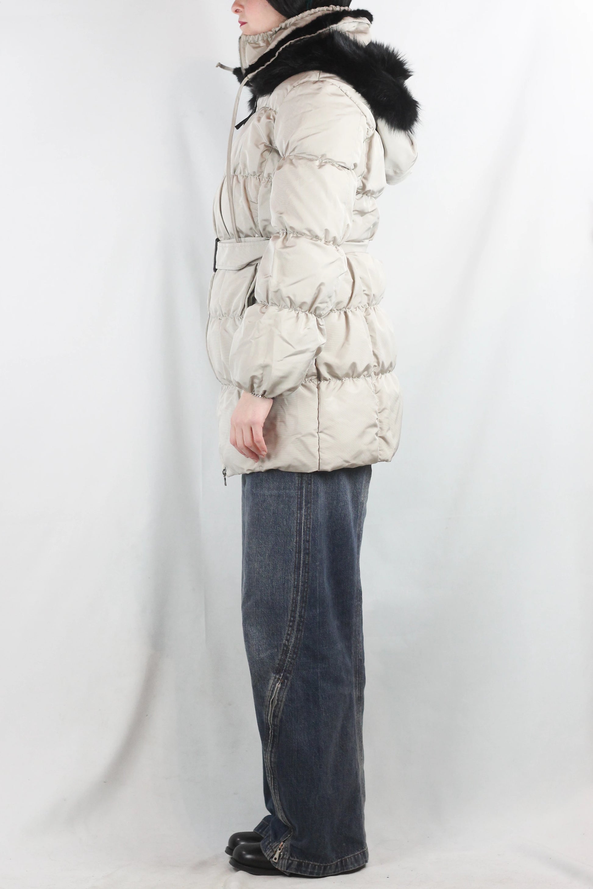 Beige Puffer Jacket with Black Fur Hood