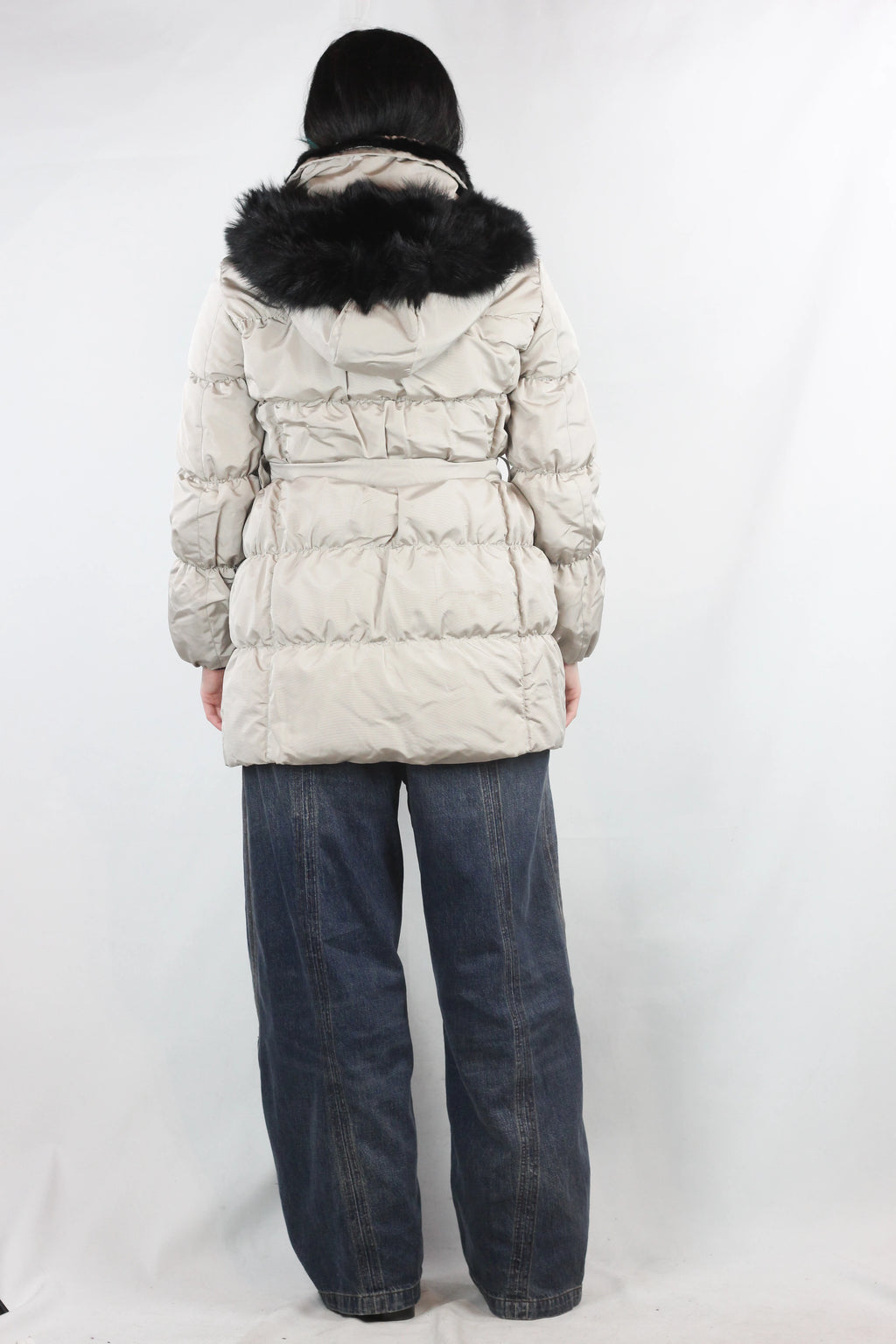 Beige Puffer Jacket with Black Fur Hood
