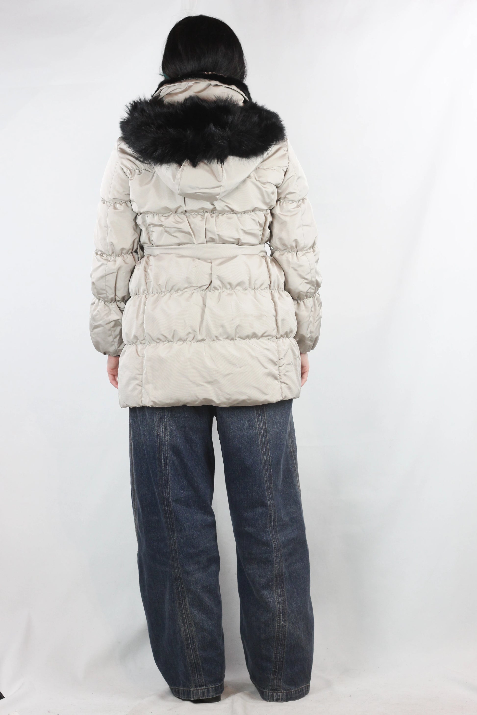 Beige Puffer Jacket with Black Fur Hood