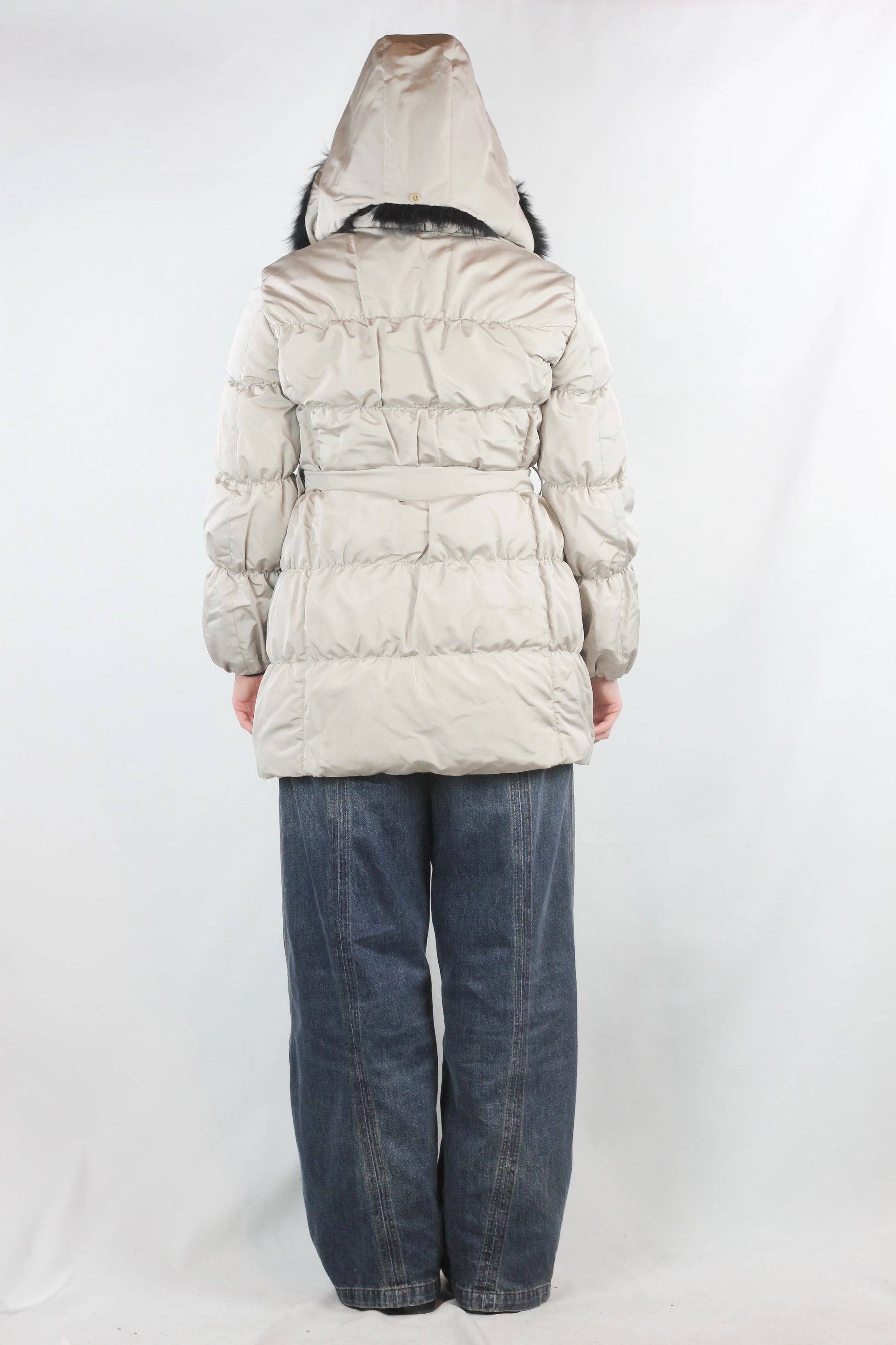 Beige Puffer Jacket with Black Fur Hood