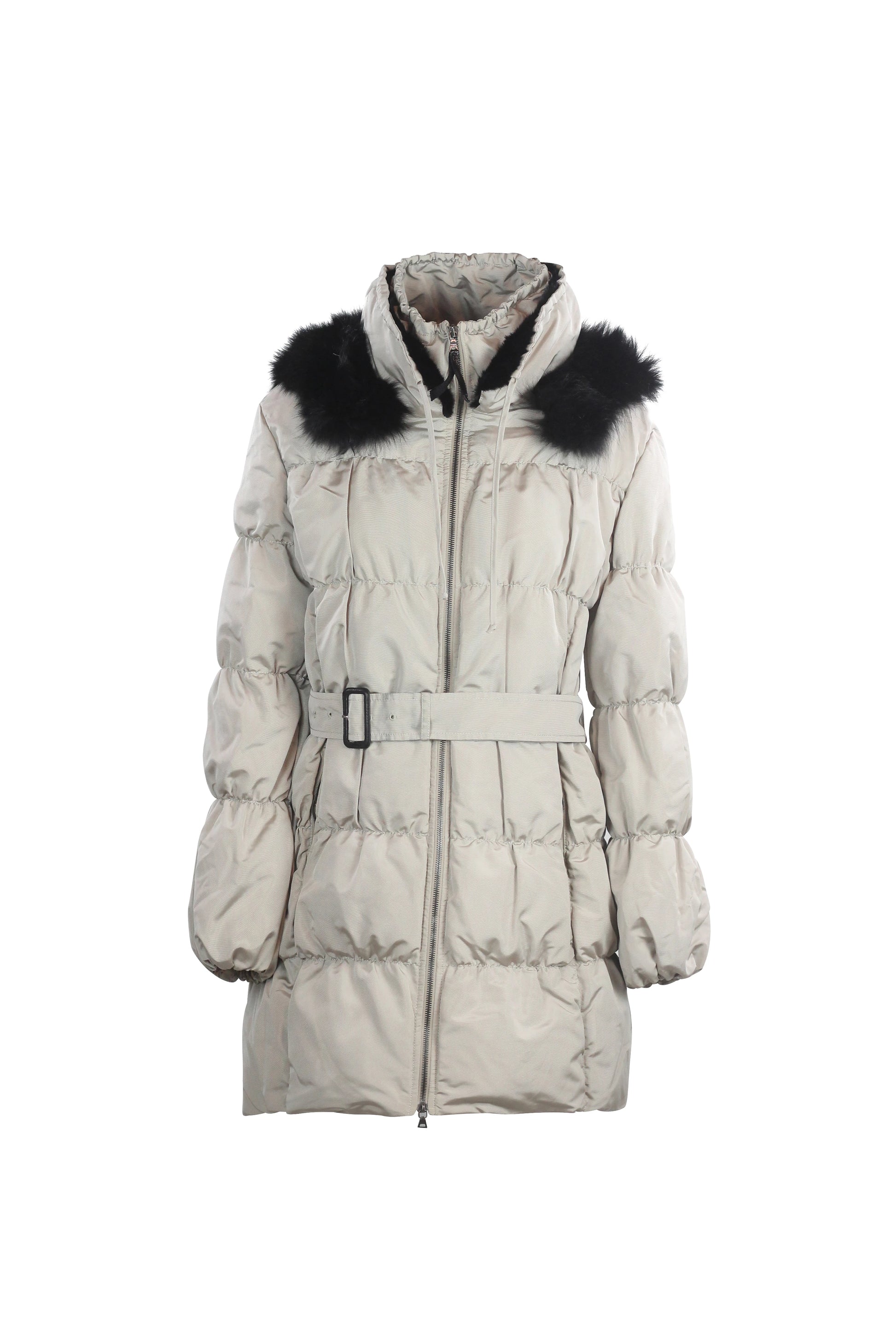 Beige Puffer Jacket with Black Fur Hood