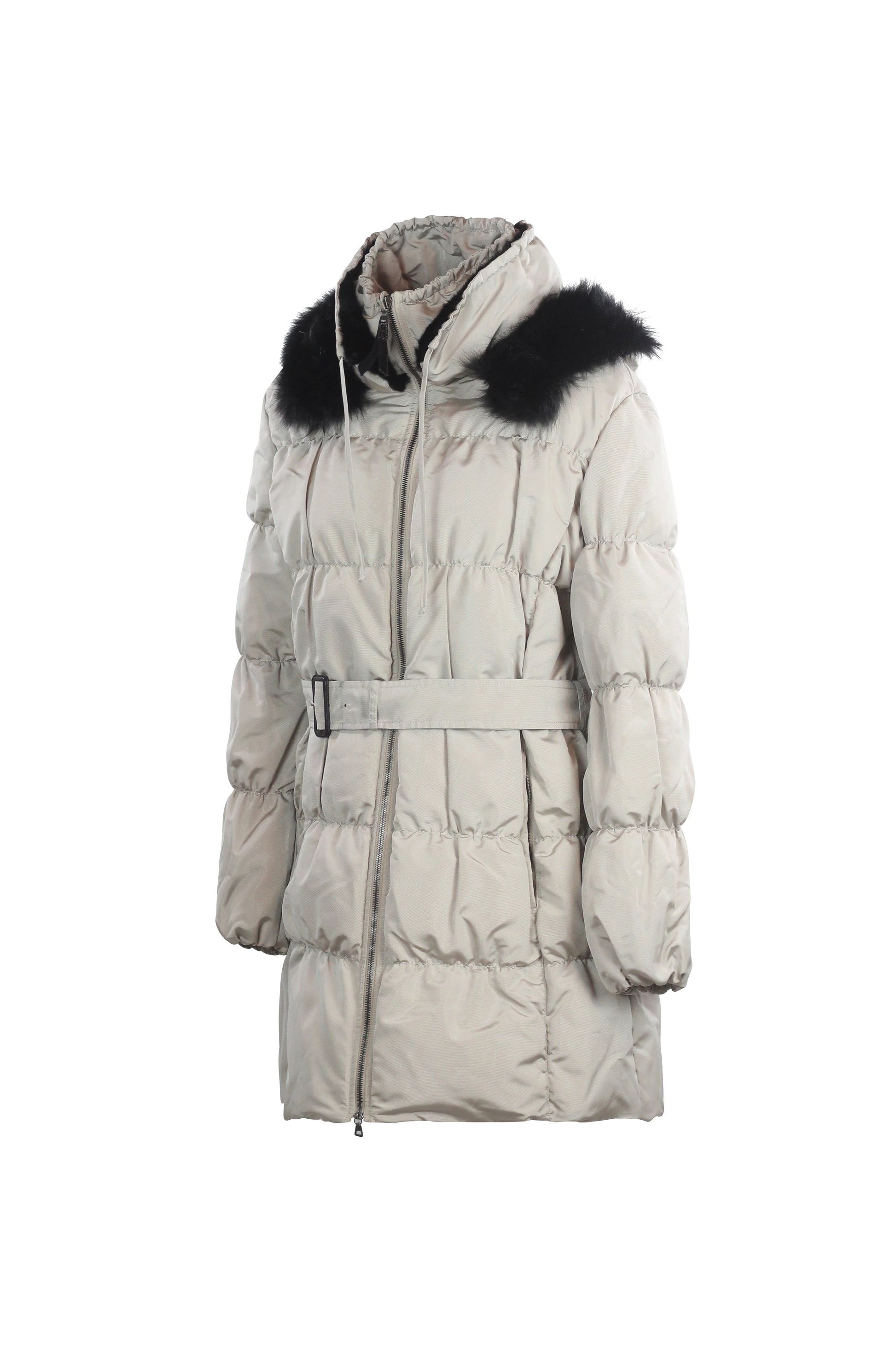 Beige Puffer Jacket with Black Fur Hood