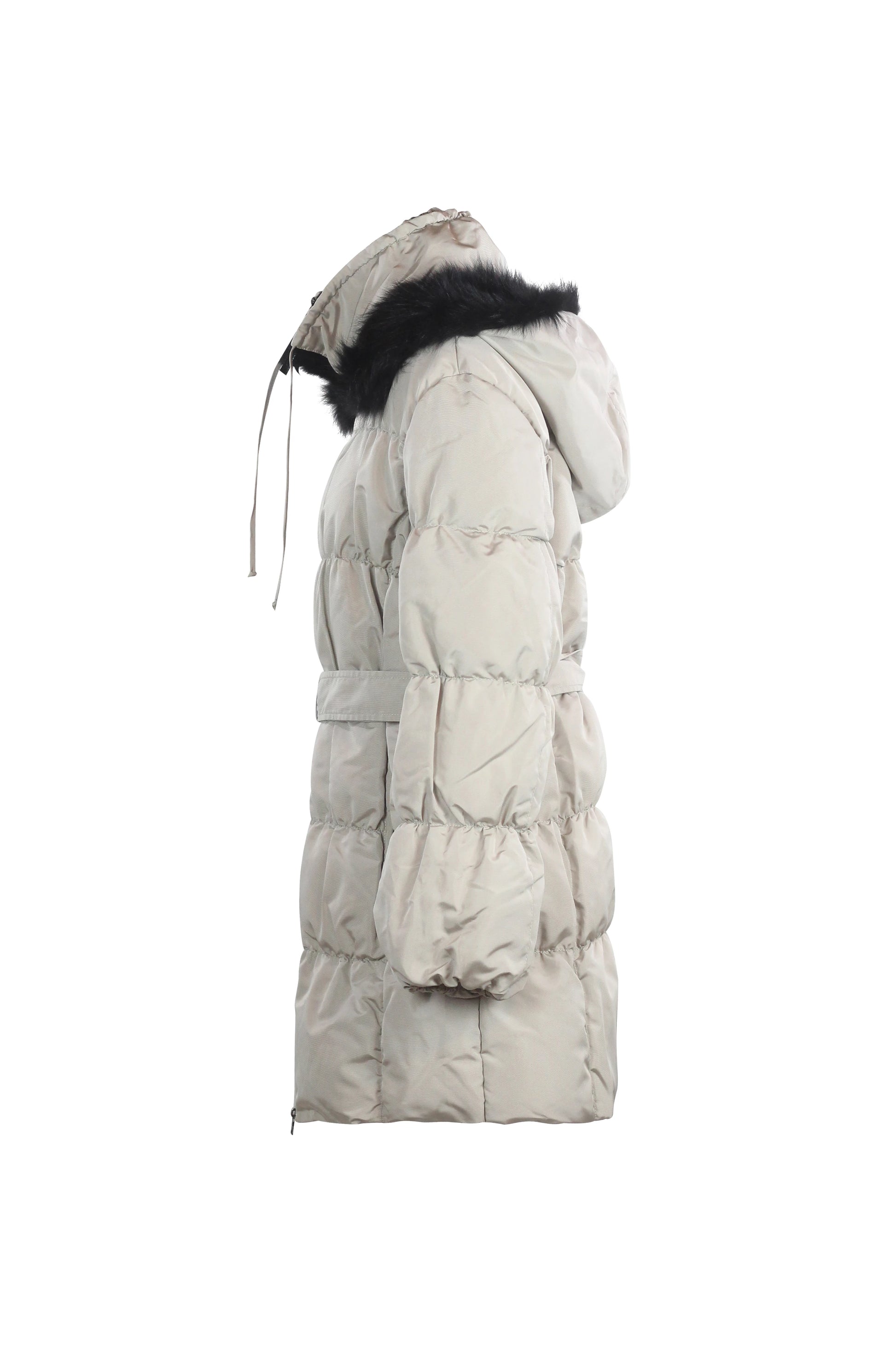Beige Puffer Jacket with Black Fur Hood