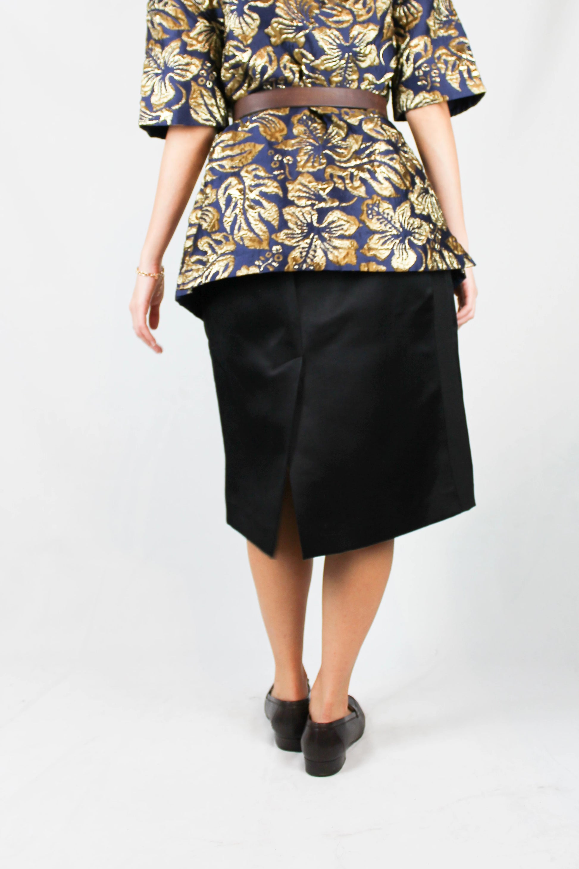 Black silk gabardine skirt with grosgrain side bands