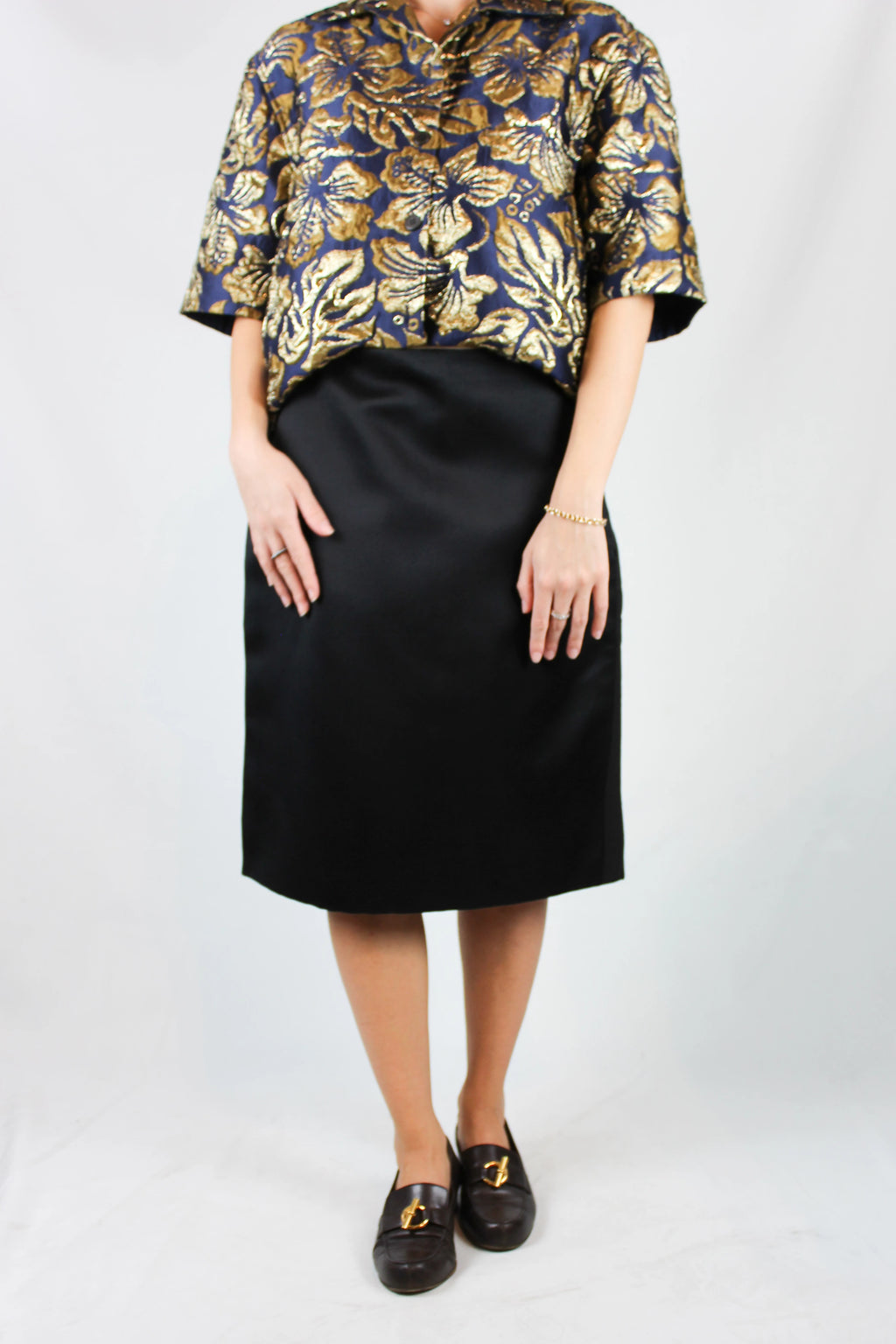 Black silk gabardine skirt with grosgrain side bands