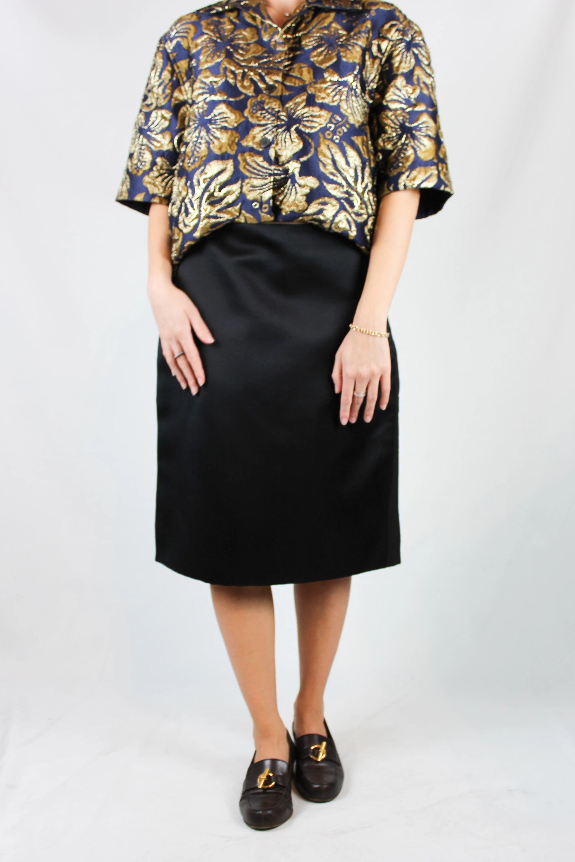 Black silk gabardine skirt with grosgrain side bands