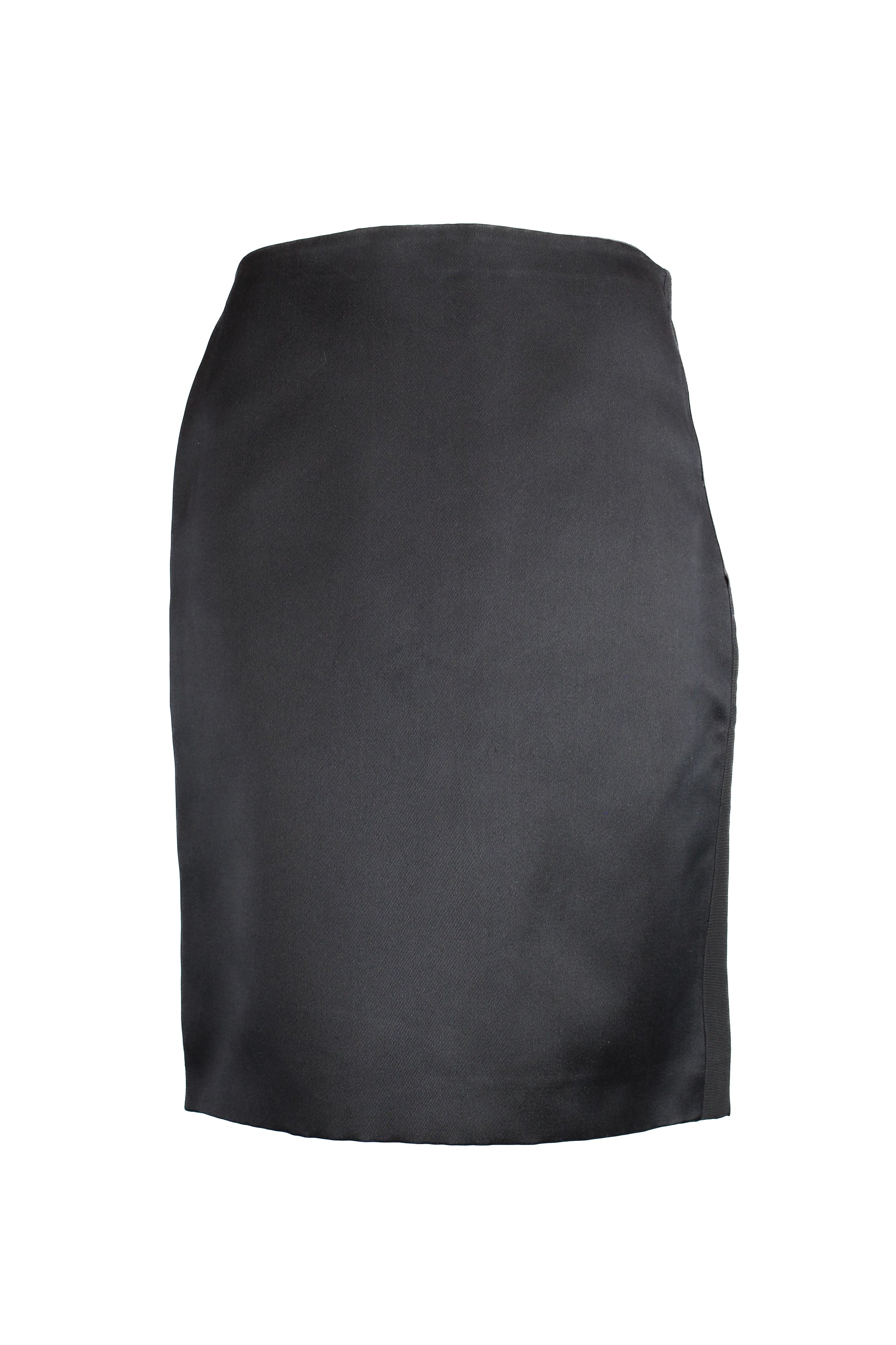 Black silk gabardine skirt with grosgrain side bands