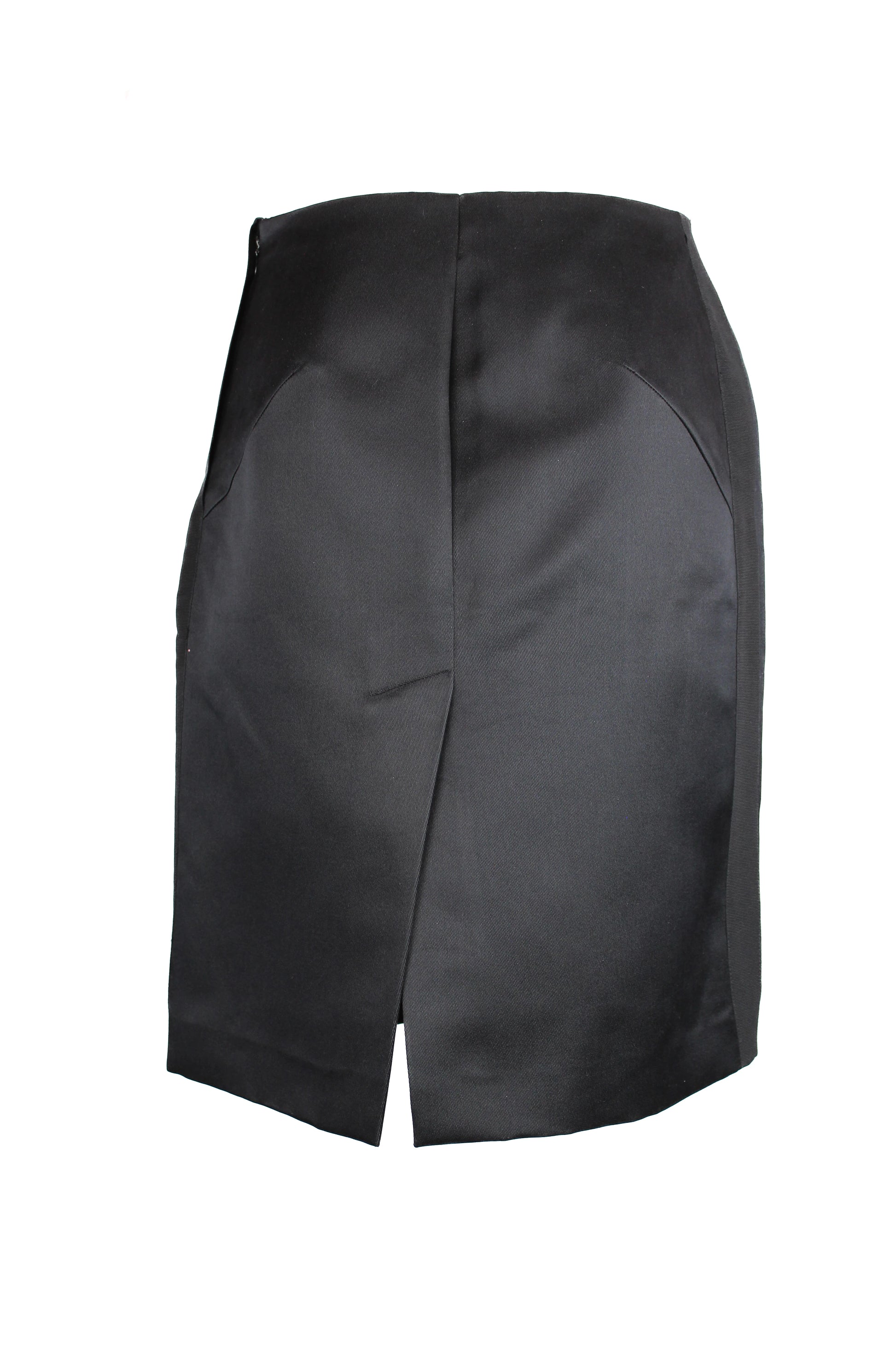 Black silk gabardine skirt with grosgrain side bands