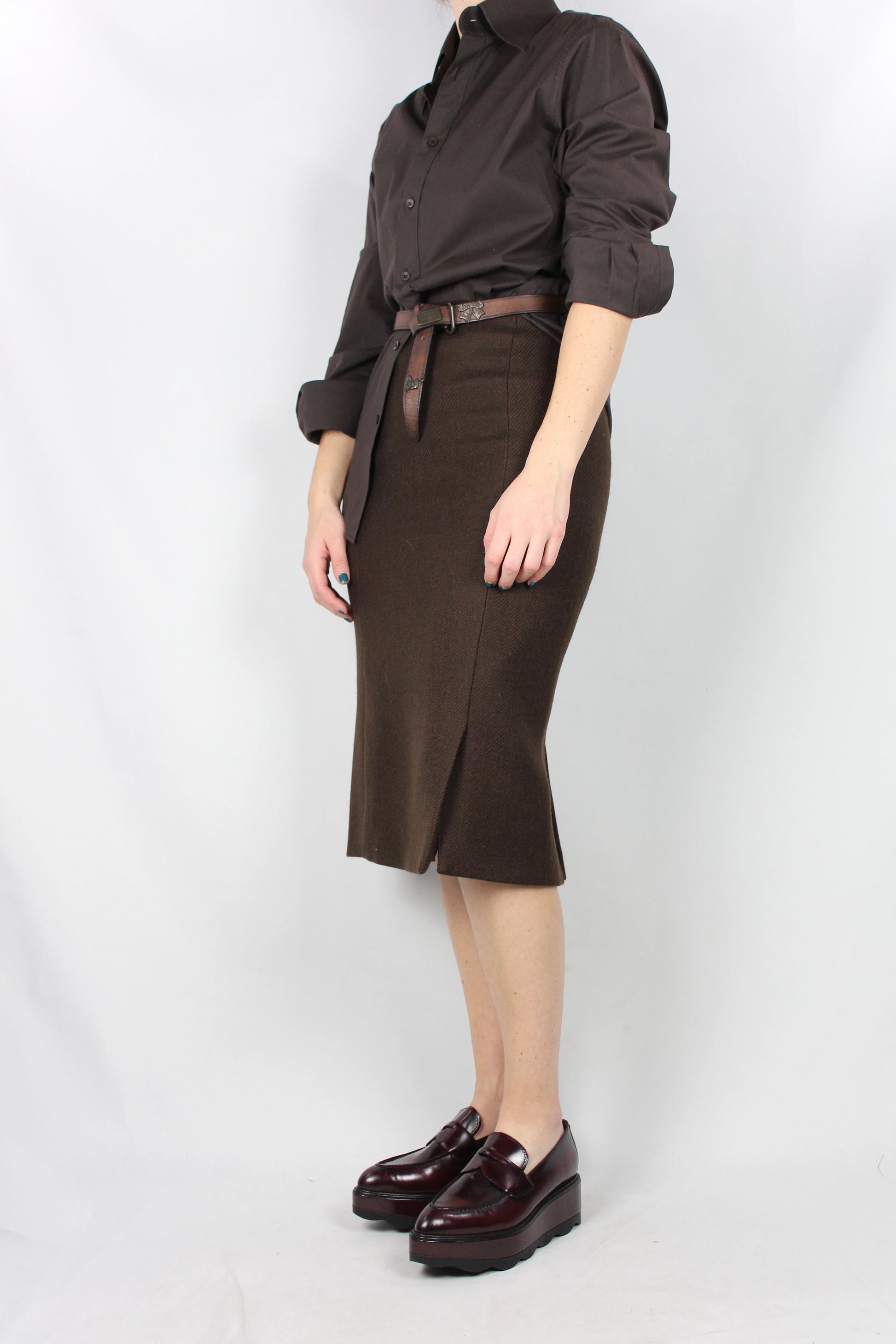 Brown wool high-rise pencil skirt