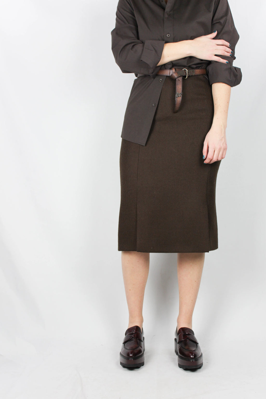 Brown wool high-rise pencil skirt