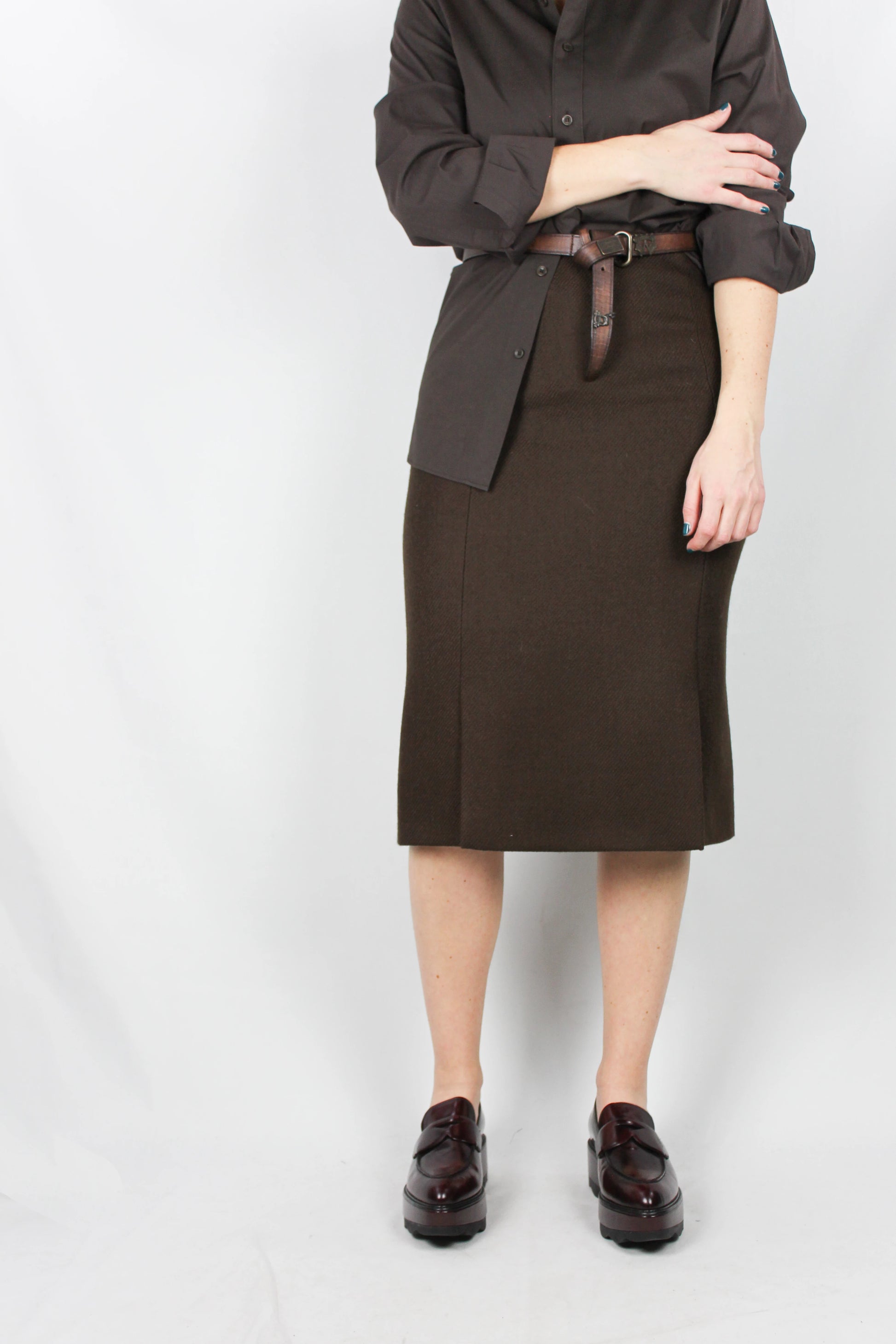 Brown wool high-rise pencil skirt