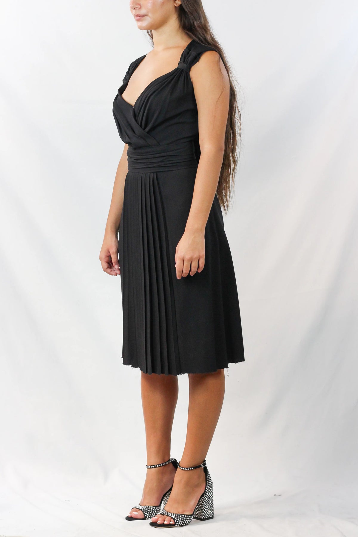 Silk Sleeveless V-Neck Ruched Dress