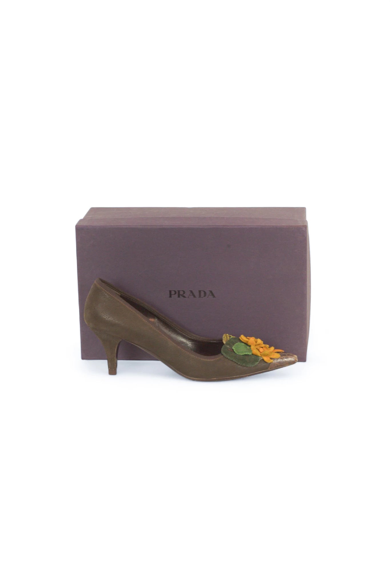 Brown Kitten Heel Pumps with Suede Floral Detail