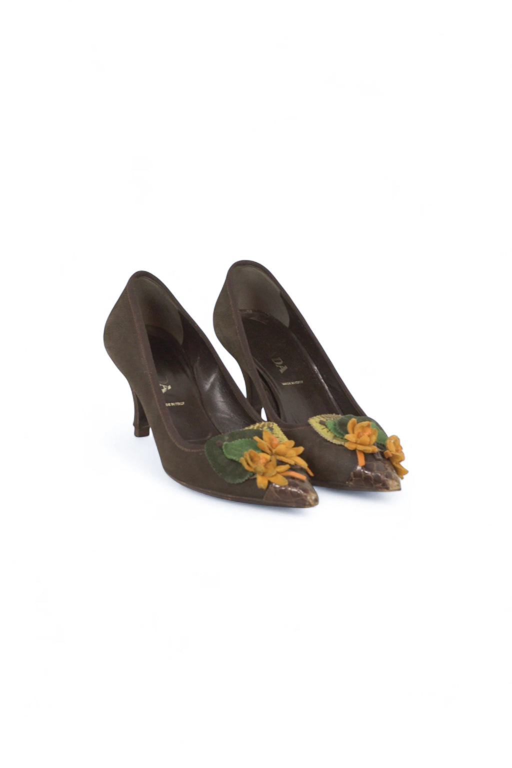 Brown Kitten Heel Pumps with Suede Floral Detail