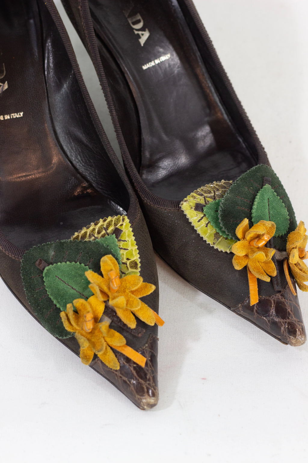 Brown Kitten Heel Pumps with Suede Floral Detail