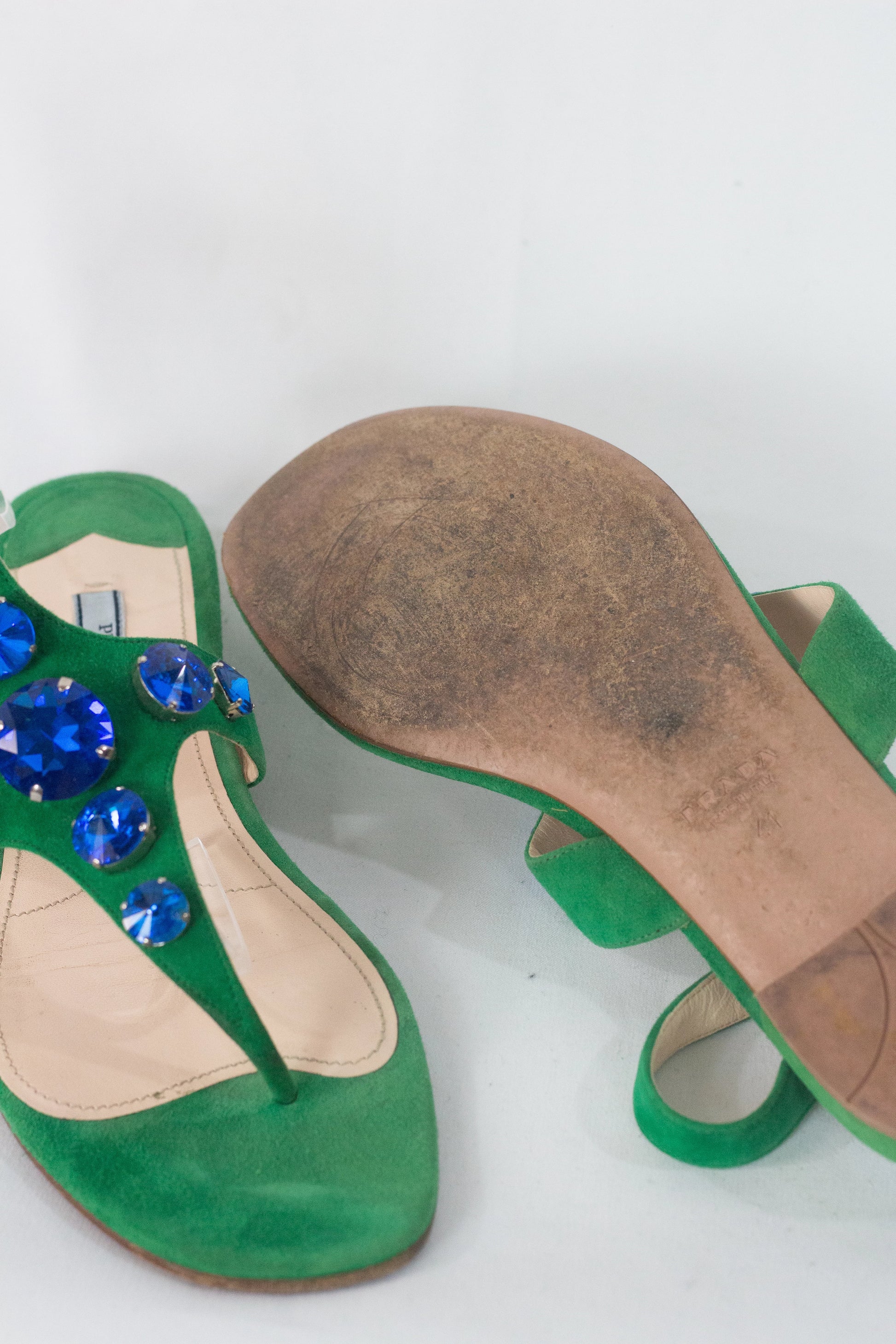 Suede Gladiator Thong Sandals with Gem Detail