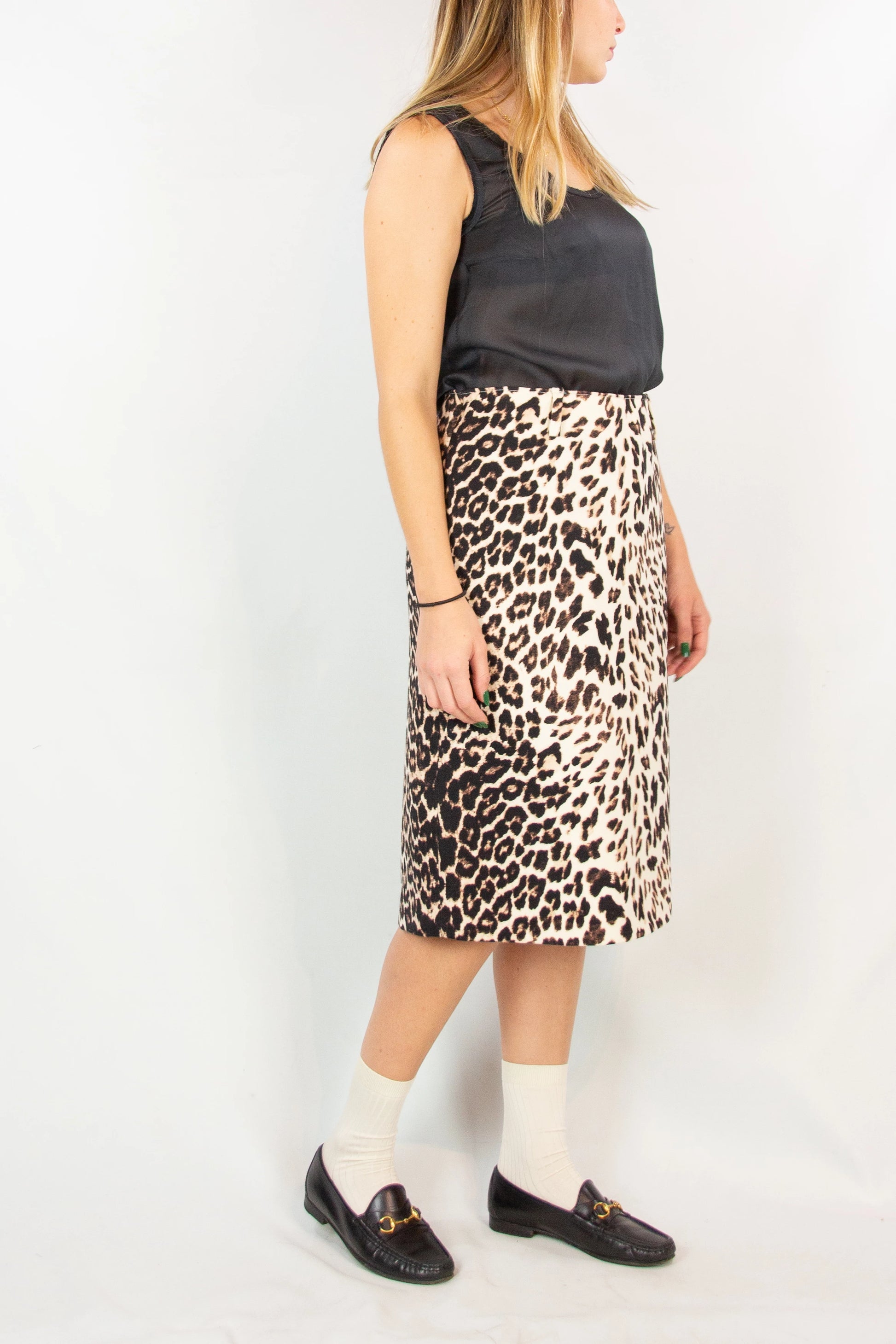 Wool Leopard Print Midi Skirt
