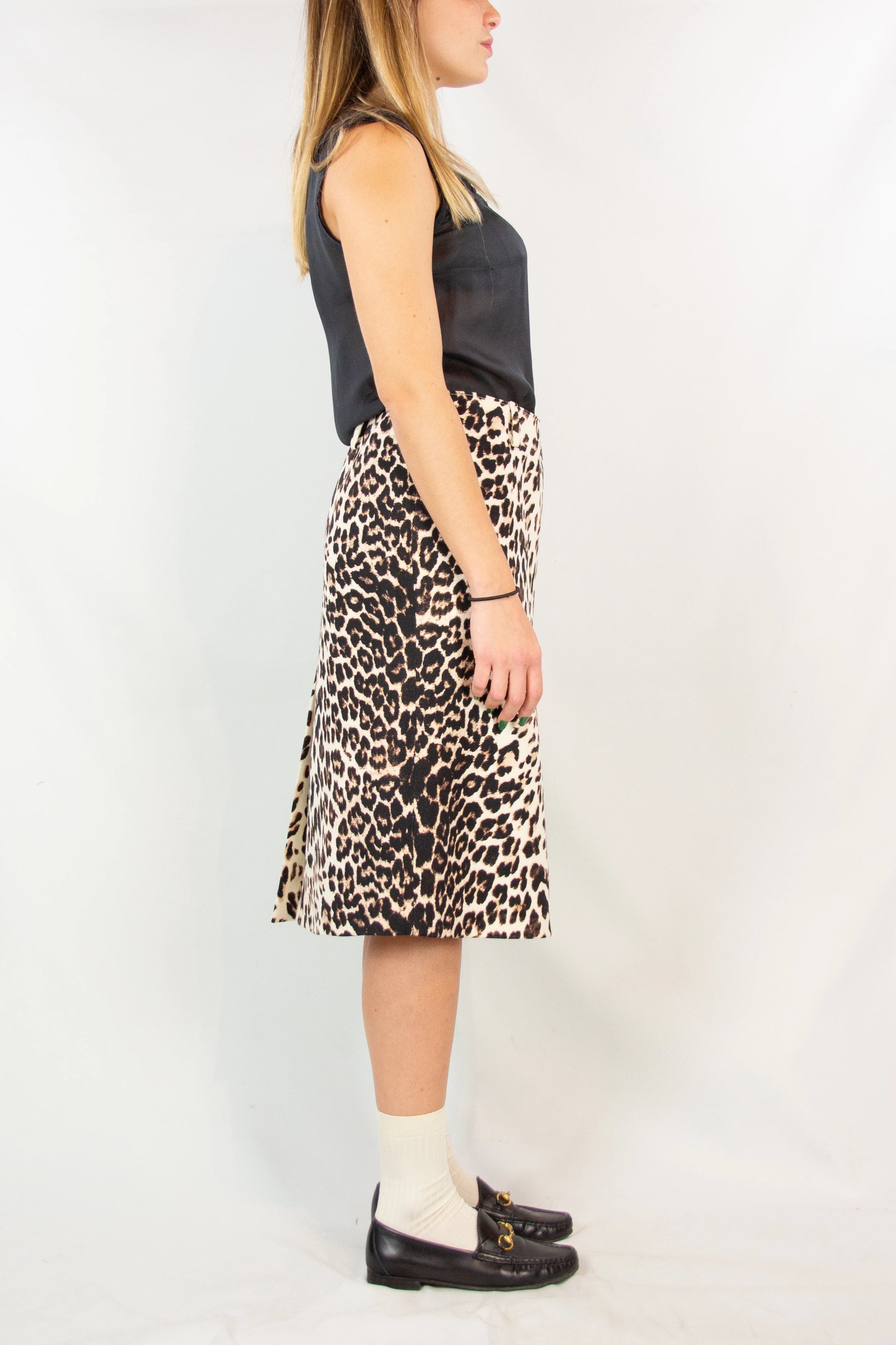 Wool Leopard Print Midi Skirt