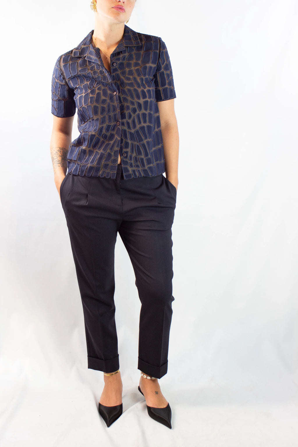 Navy Wool Slim Trousers