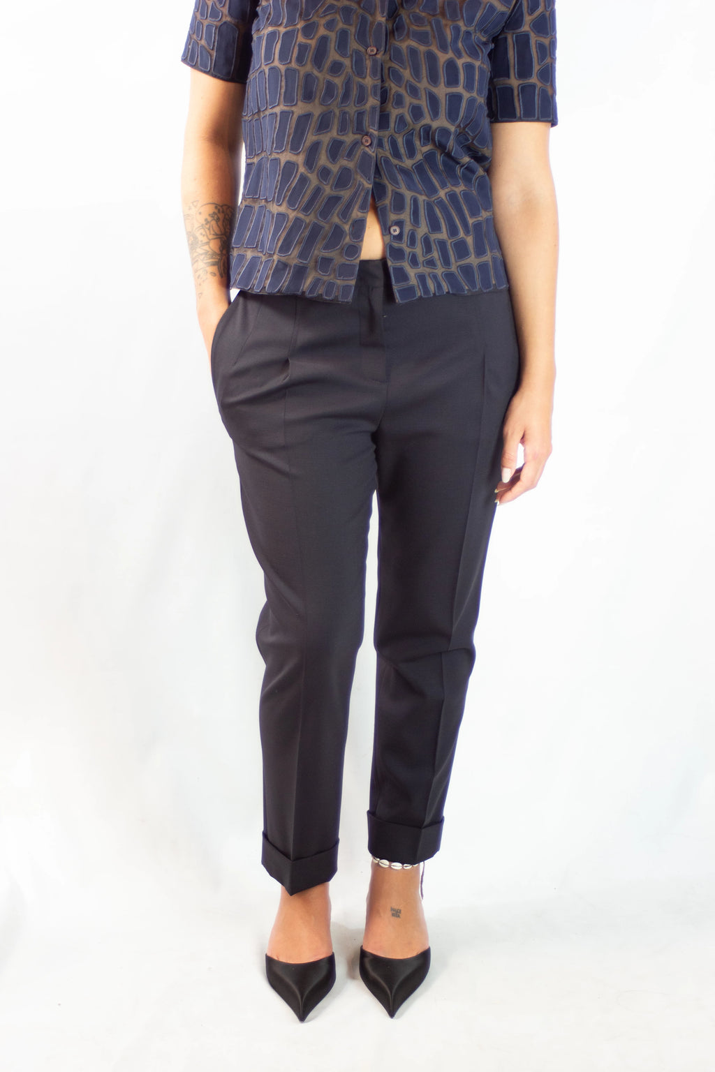 Navy Wool Slim Trousers