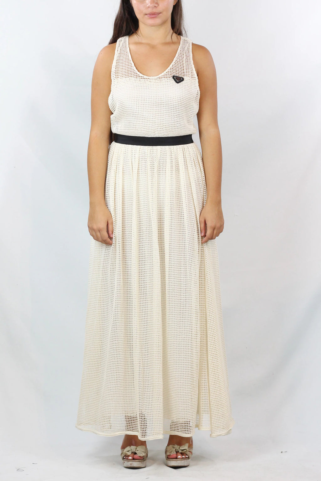 Cream Mesh Open-Knit Belted Maxi Dress