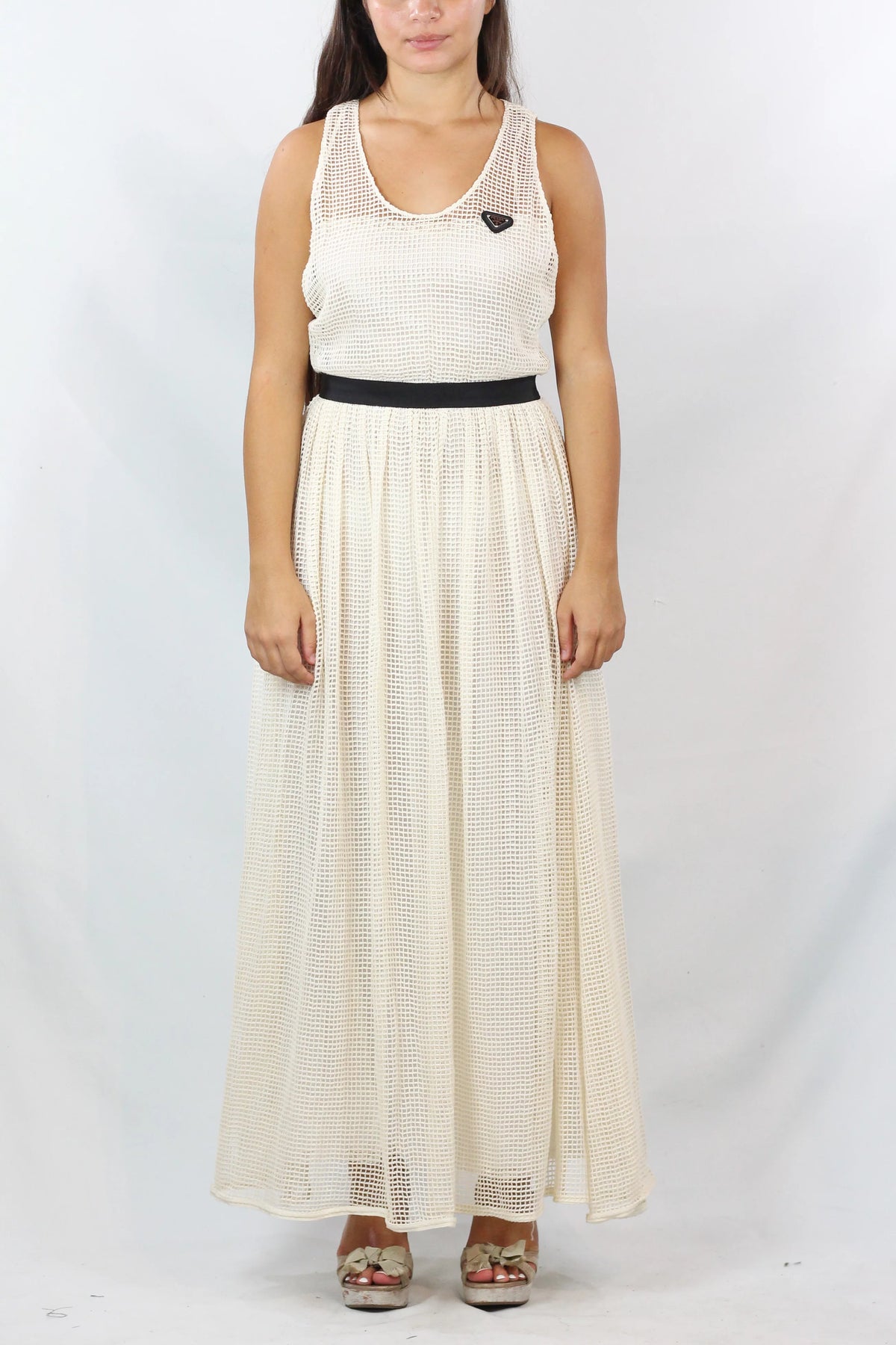 Cream Mesh Open-Knit Belted Maxi Dress