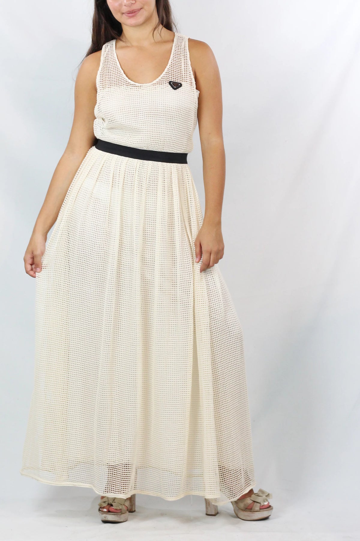 Cream Mesh Open-Knit Belted Maxi Dress