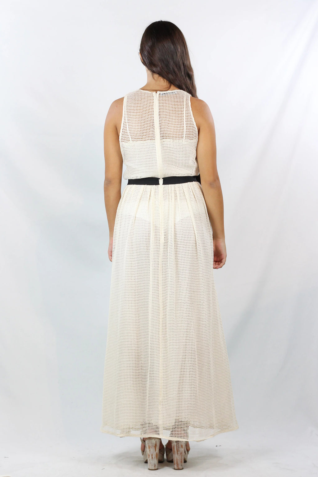 Cream Mesh Open-Knit Belted Maxi Dress