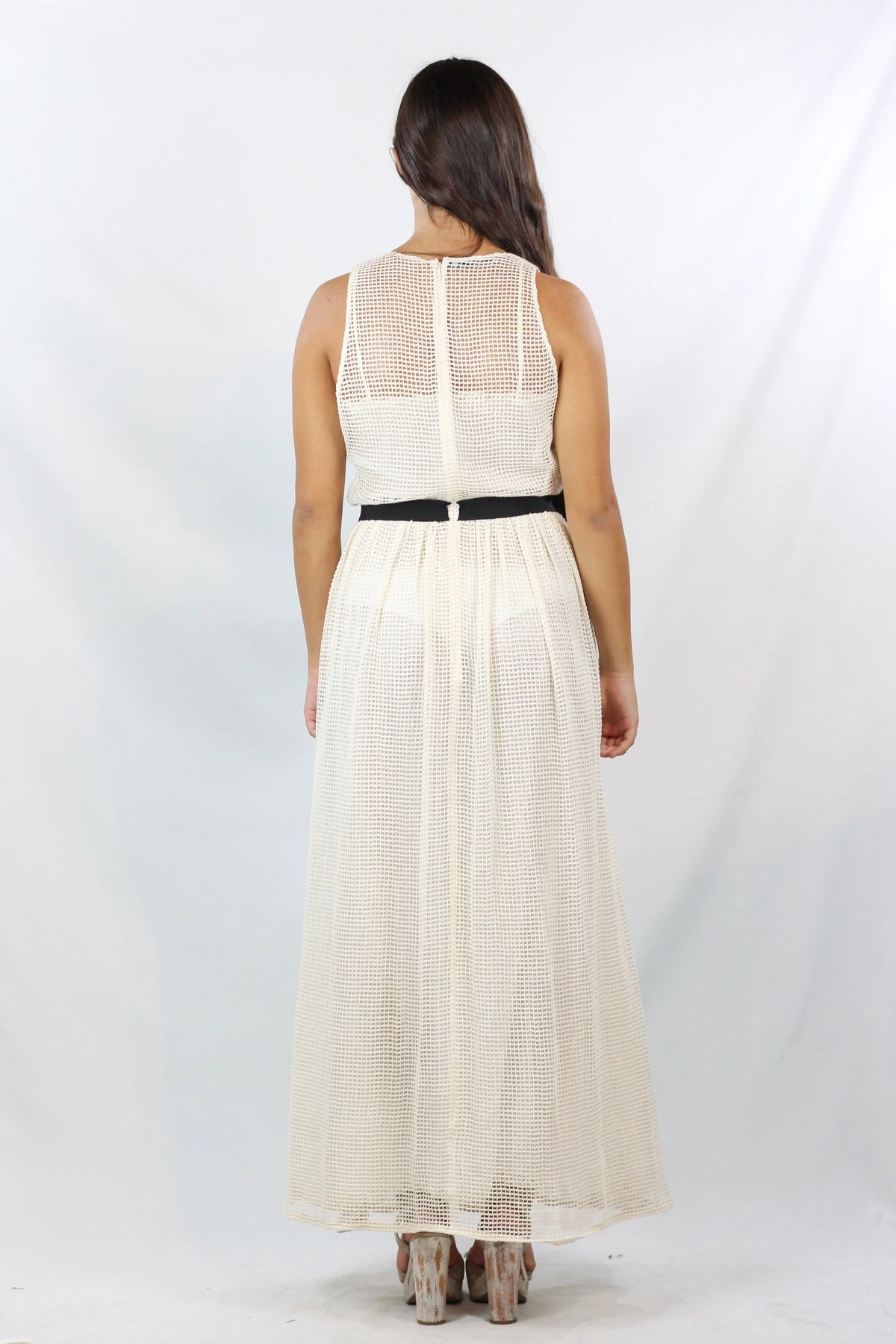 Cream Mesh Open-Knit Belted Maxi Dress