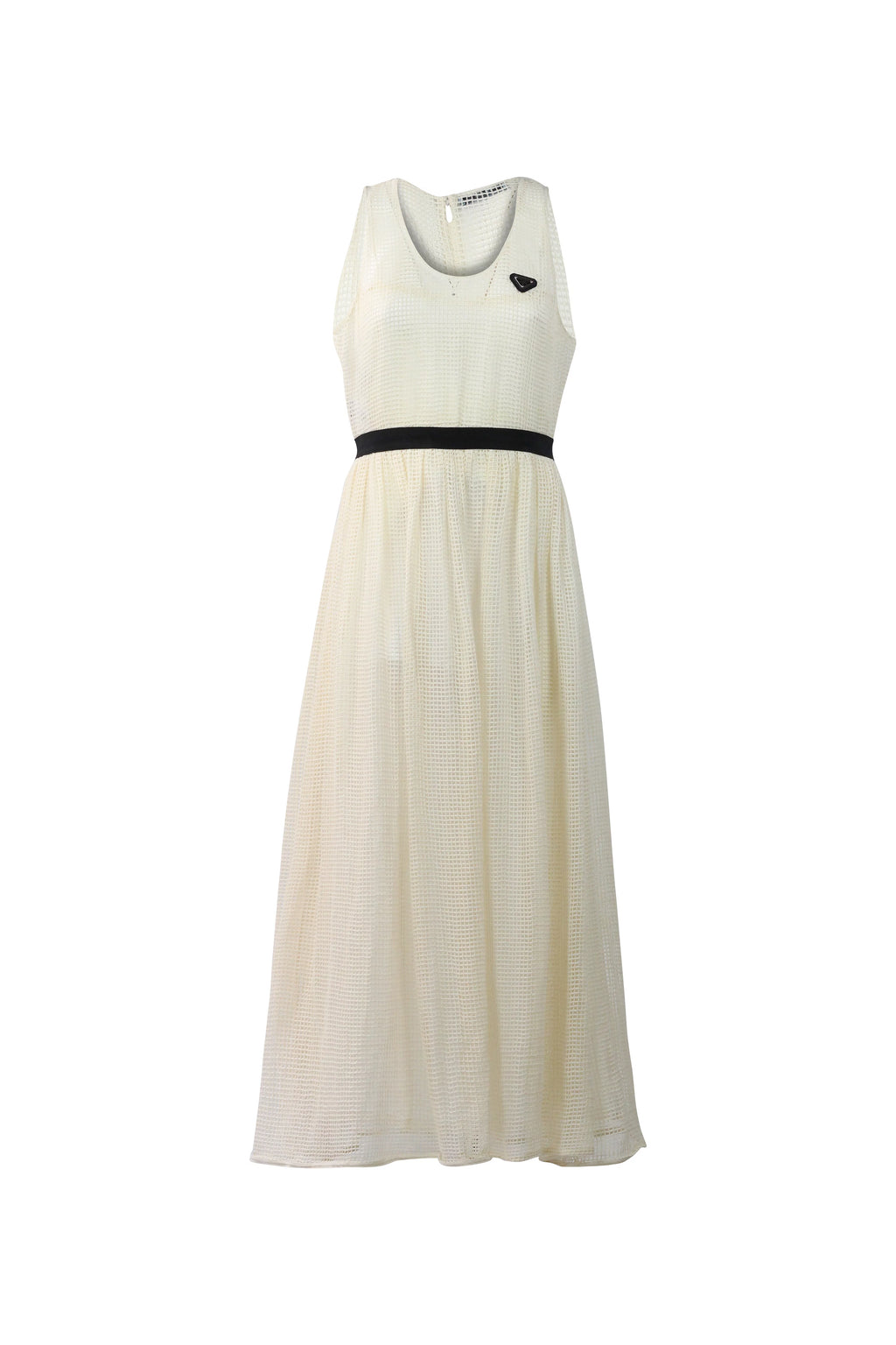 Cream Mesh Open-Knit Belted Maxi Dress