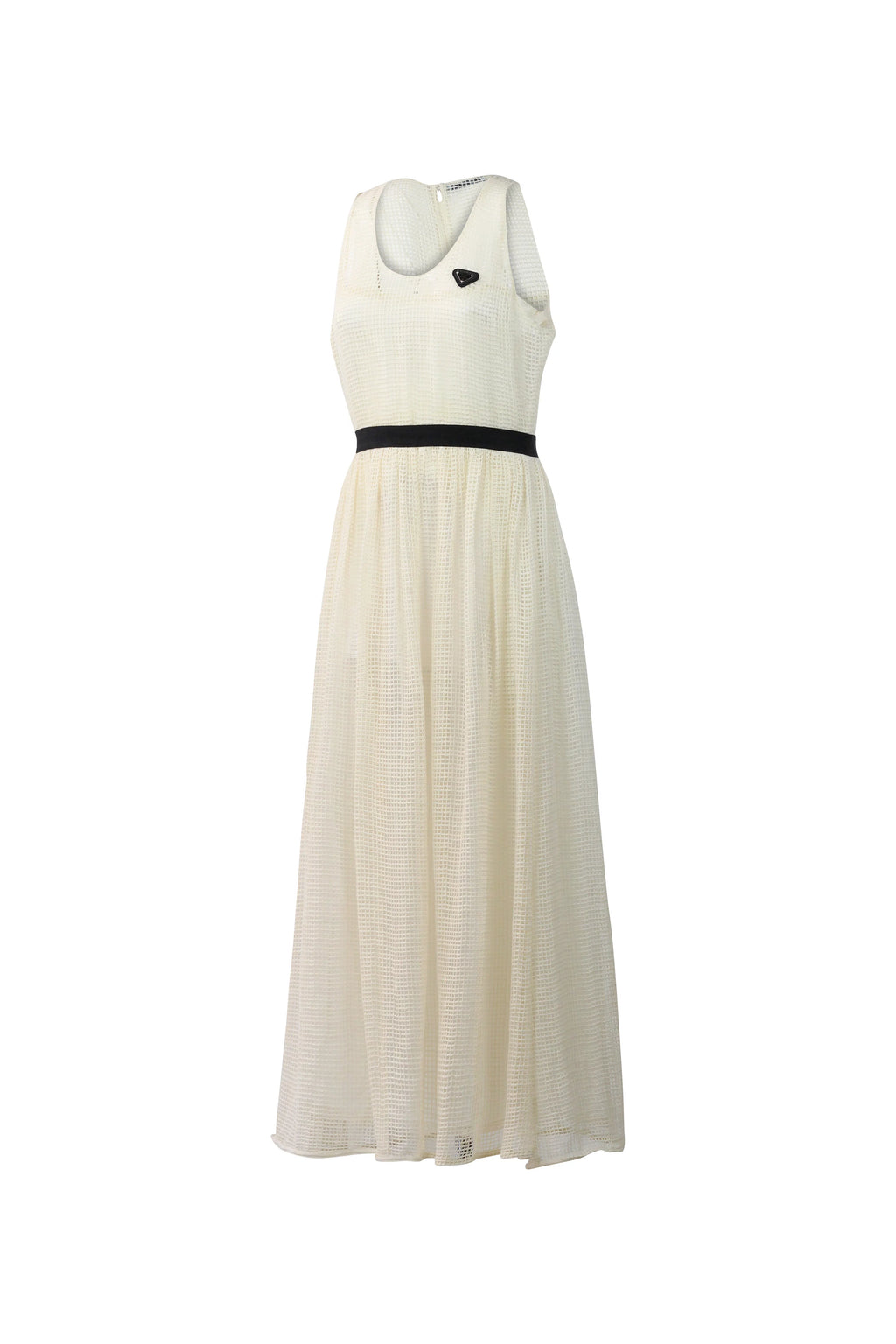 Cream Mesh Open-Knit Belted Maxi Dress