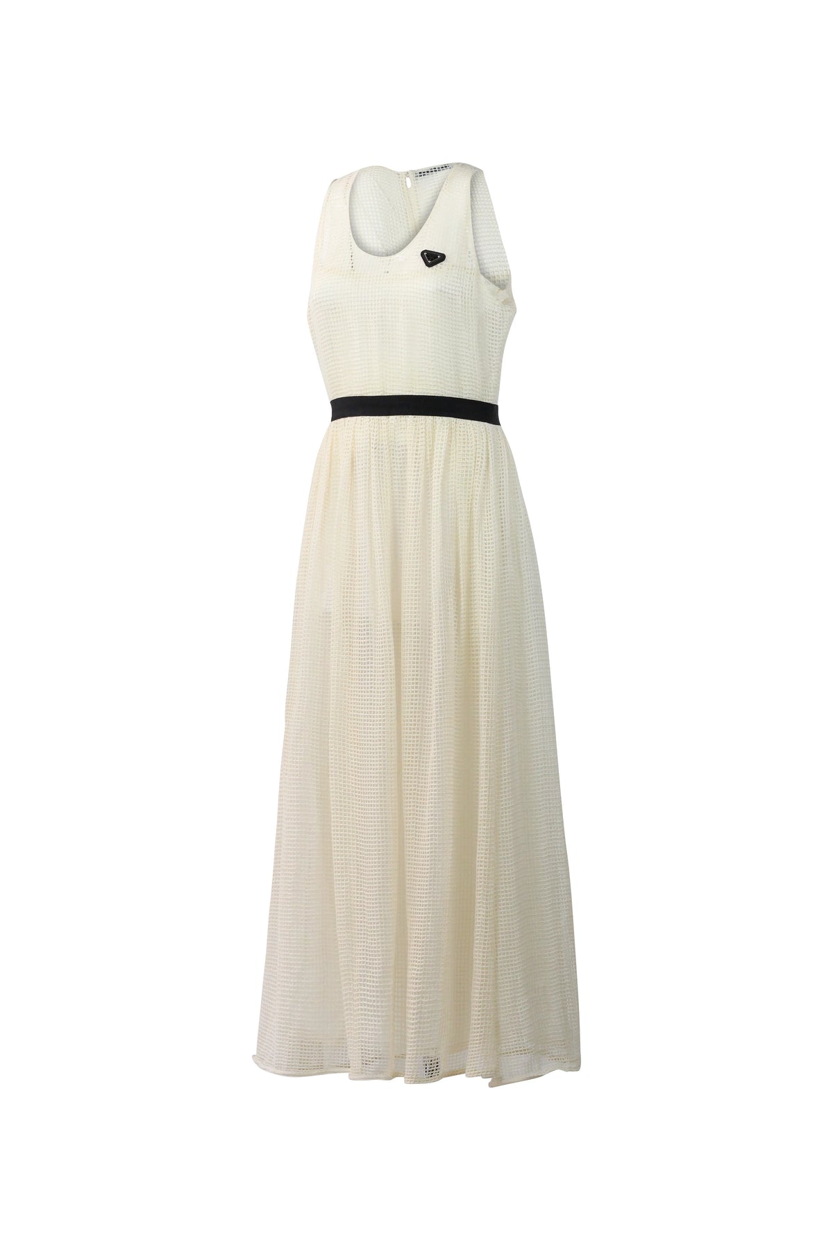 Cream Mesh Open-Knit Belted Maxi Dress