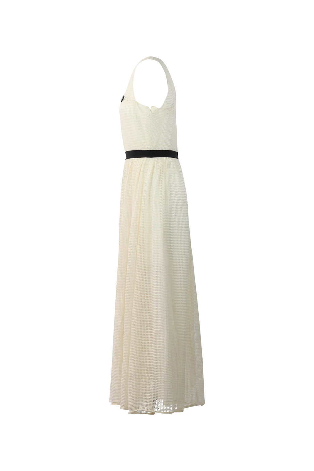 Cream Mesh Open-Knit Belted Maxi Dress