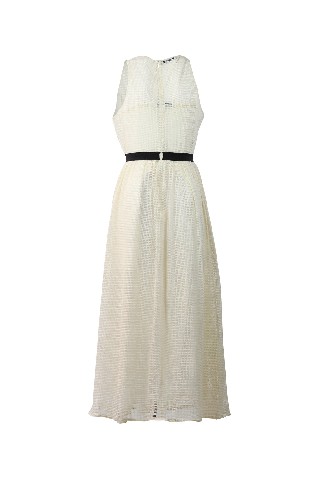 Cream Mesh Open-Knit Belted Maxi Dress